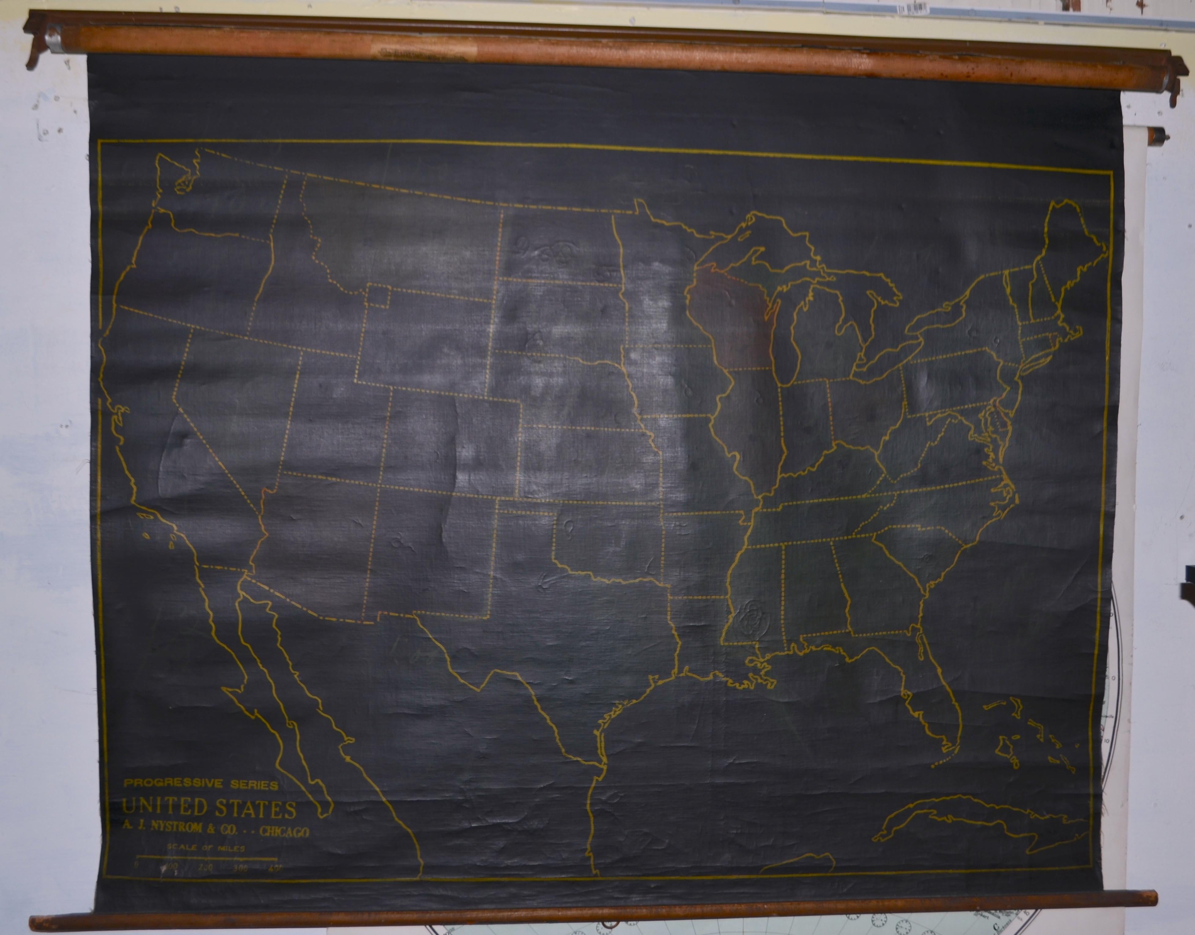 American Map of United States, Early 1900s, with Chalkboard Canvas on Retractable Roller For Sale