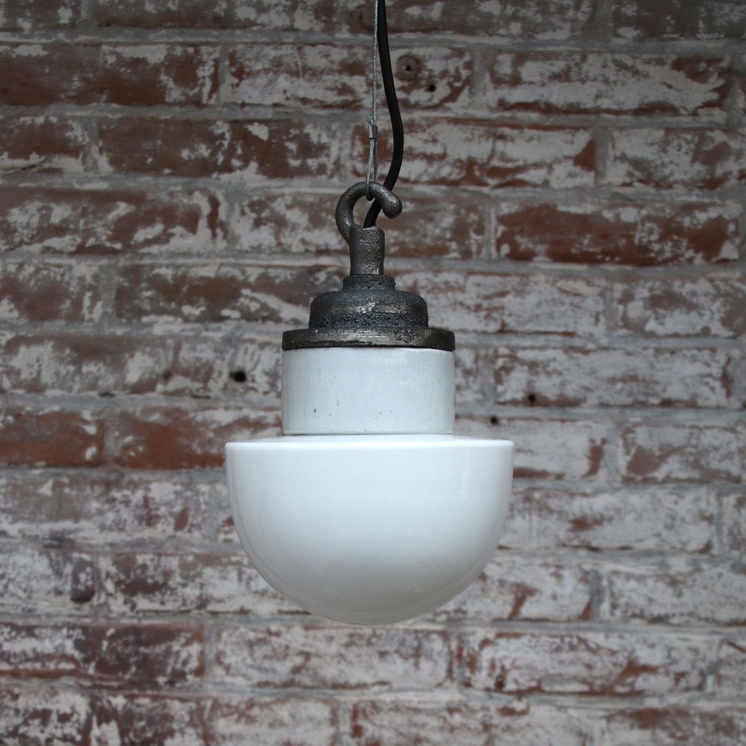 20th Century Porcelain Cast Iron Opaline Glass Industrial Hanging Lights