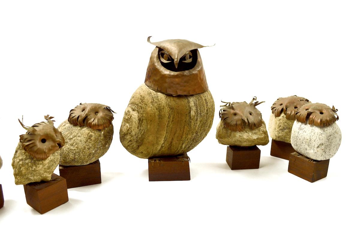 Late 20th Century Seven-Piece Collection Brutalist Owls with Copper Heads and Feet with Stone Body