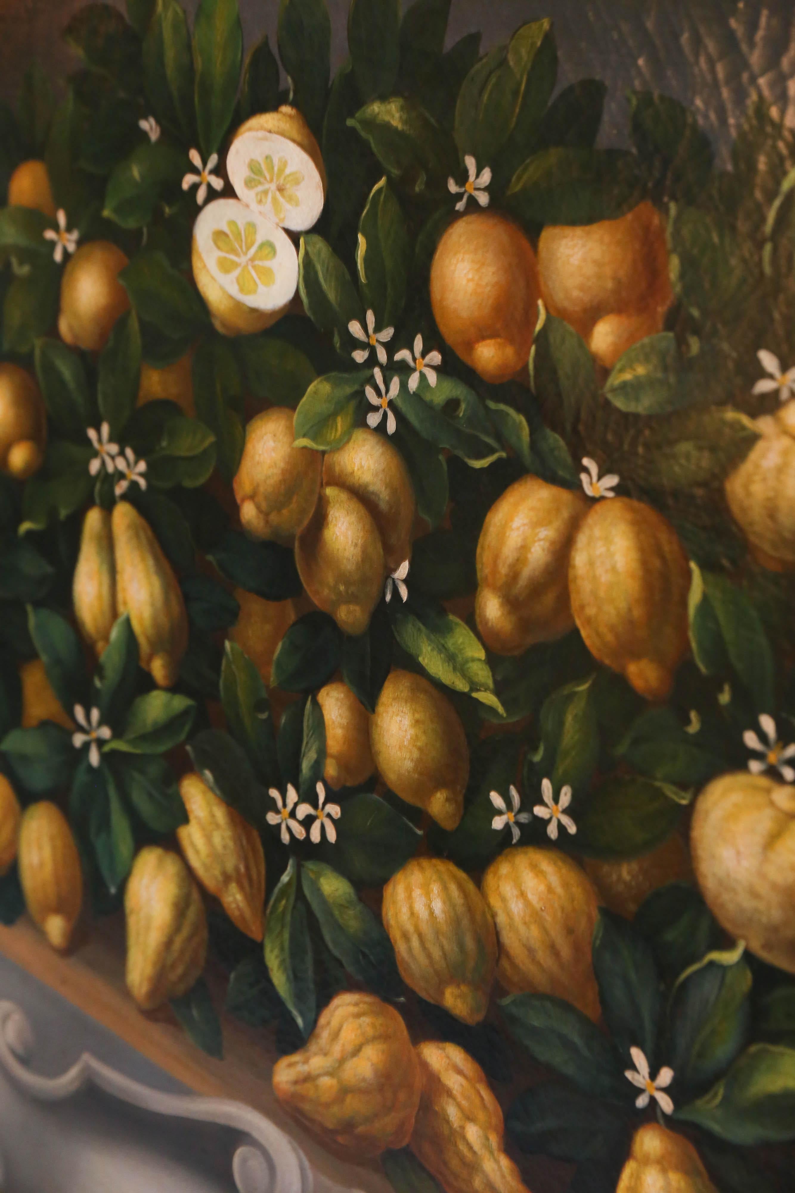 Medici-Style Painting of Lemons on Branches  In Excellent Condition In Houston, TX