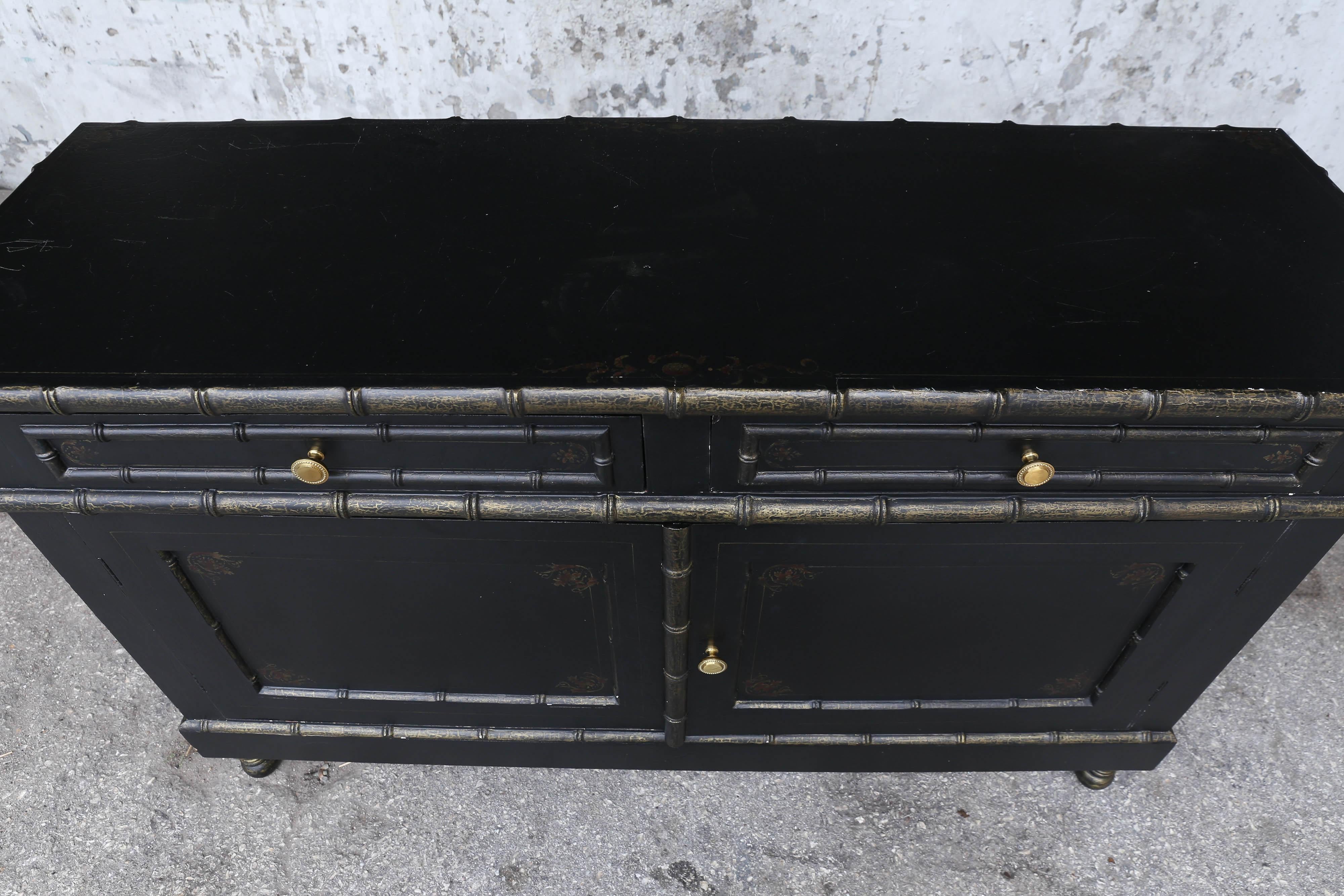 Vintage Faux Bamboo Black Credenza with Gold Trim In Good Condition For Sale In Houston, TX