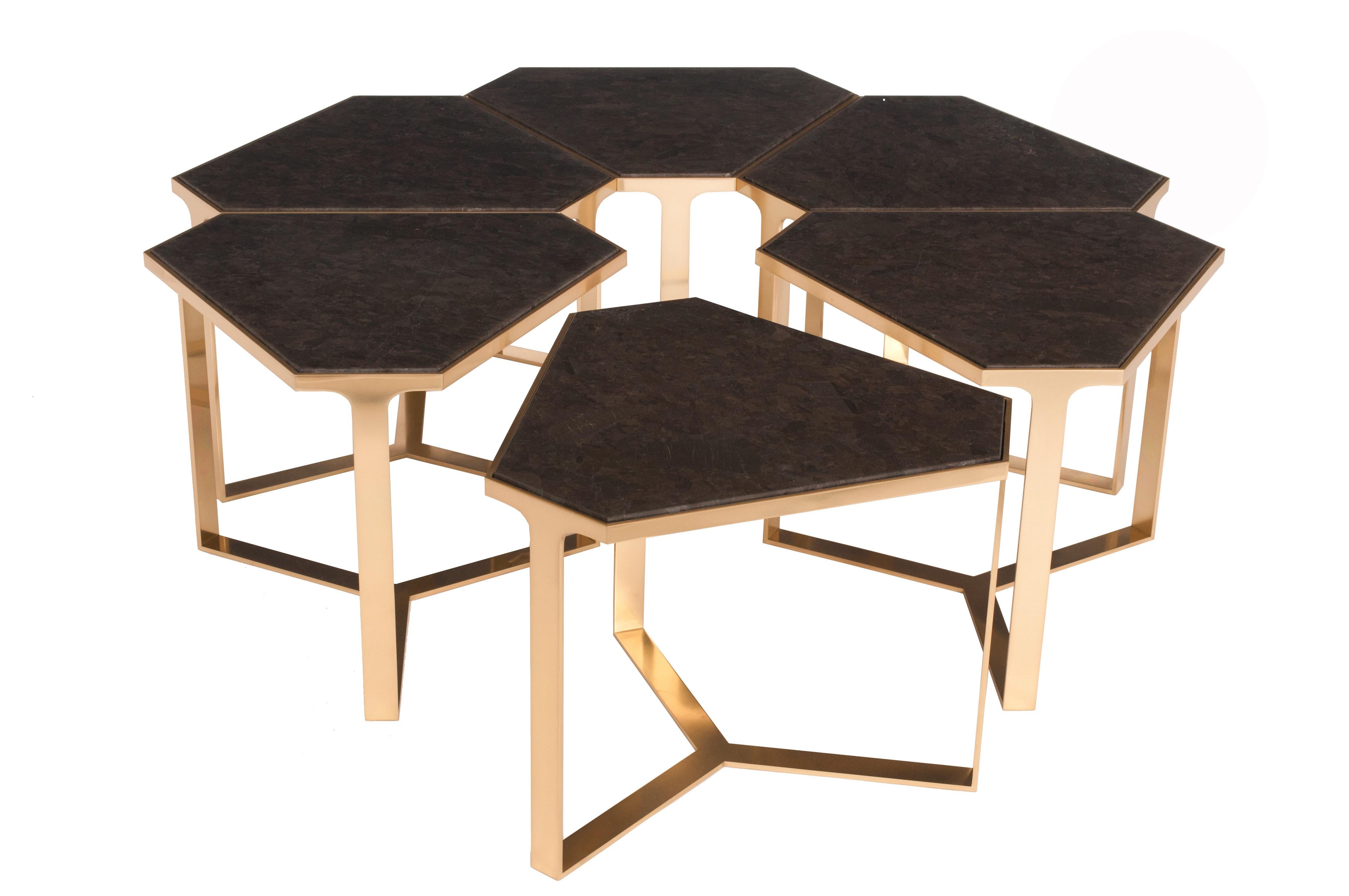 Contemporary Donghia Forma Table with Satin Brass Base and Antique Stone Top For Sale