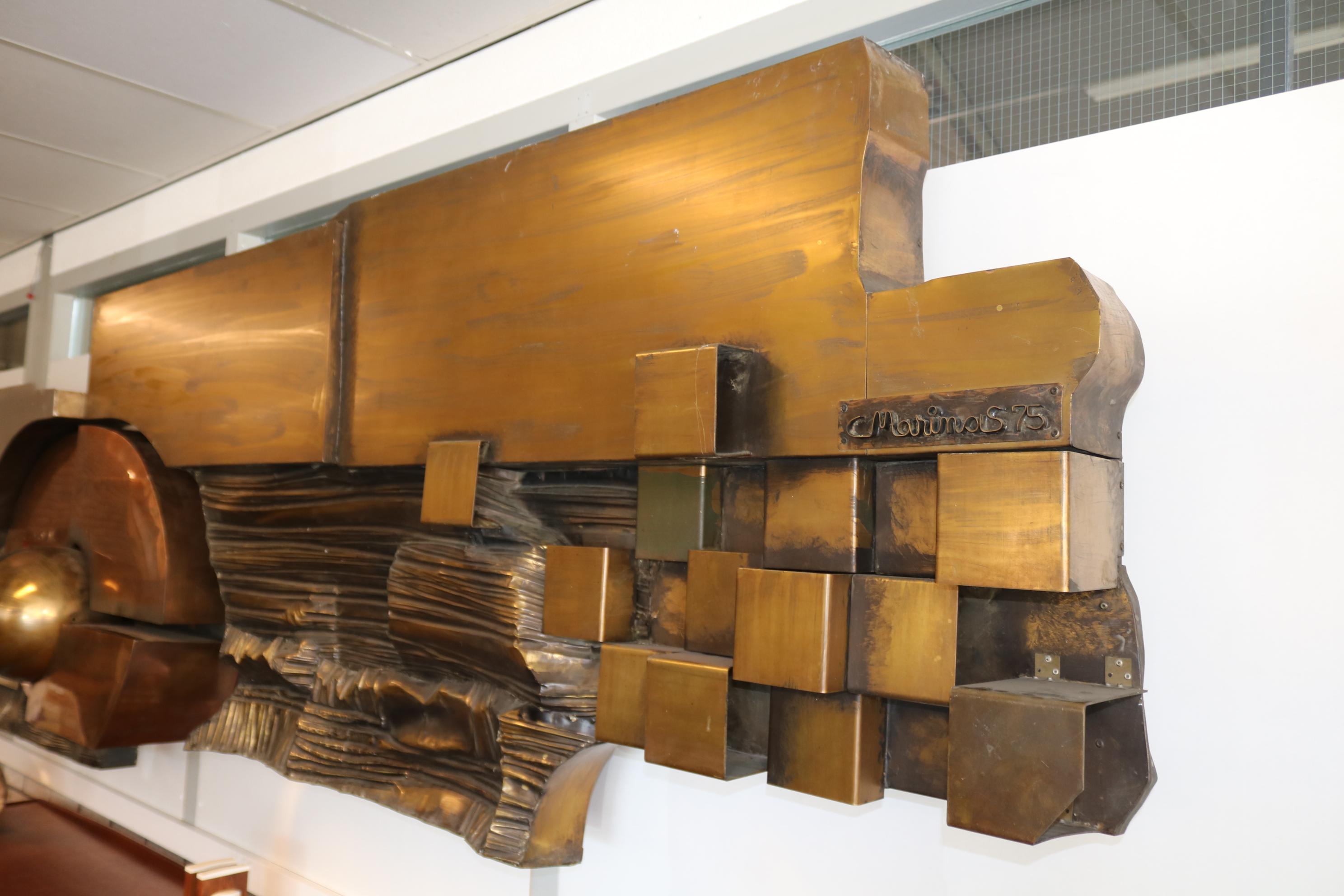 Brutalist XL Hammered Copper, Brass and Steel Artwork by Carlos Marinas, 1975 For Sale