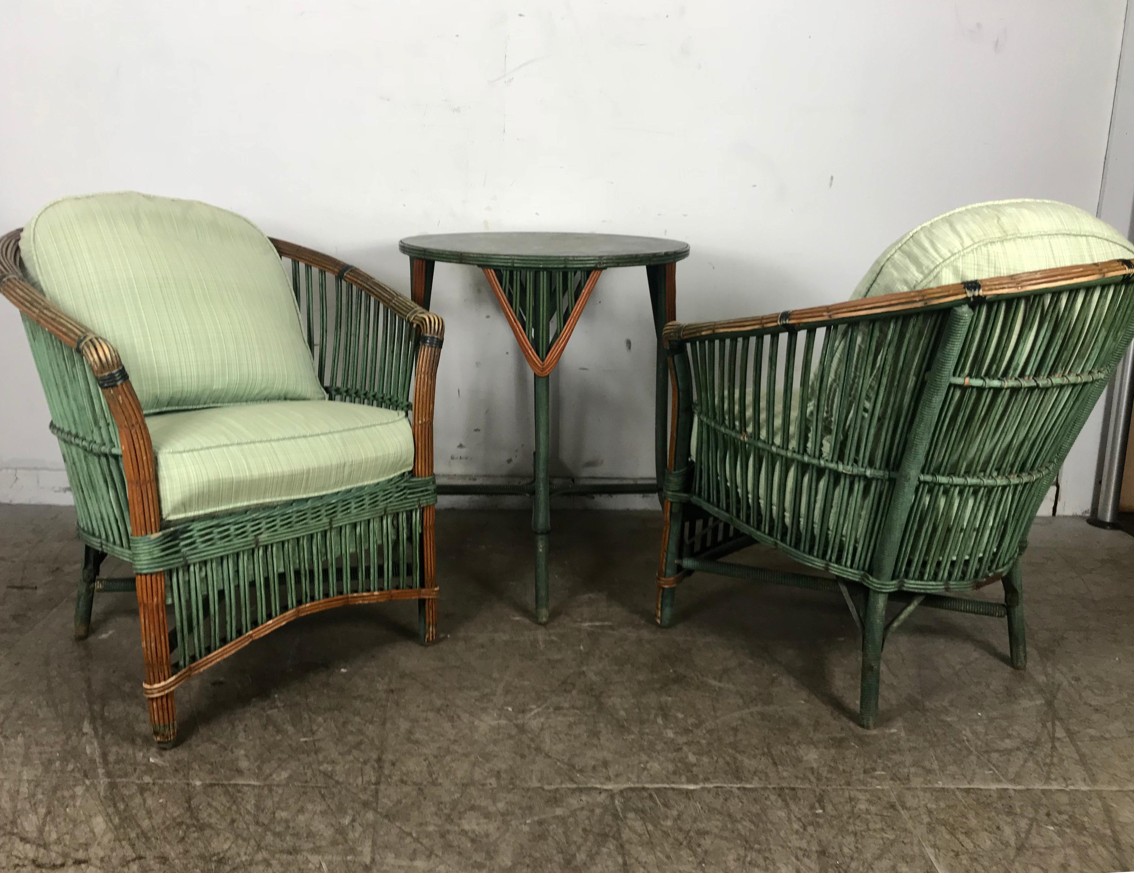 Pair of Art Deco Split Reed Stick Wicker Lounge Chairs 1