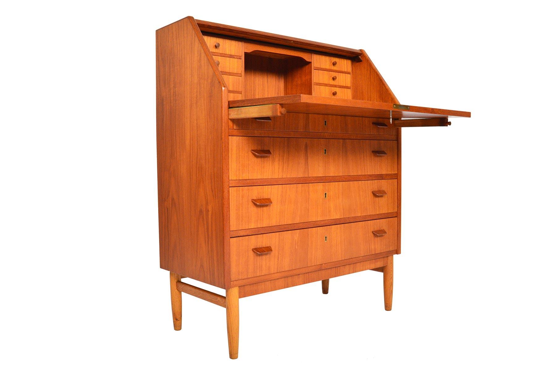 20th Century Midcentury Drop Front Secretary Desk in Teak and Oak