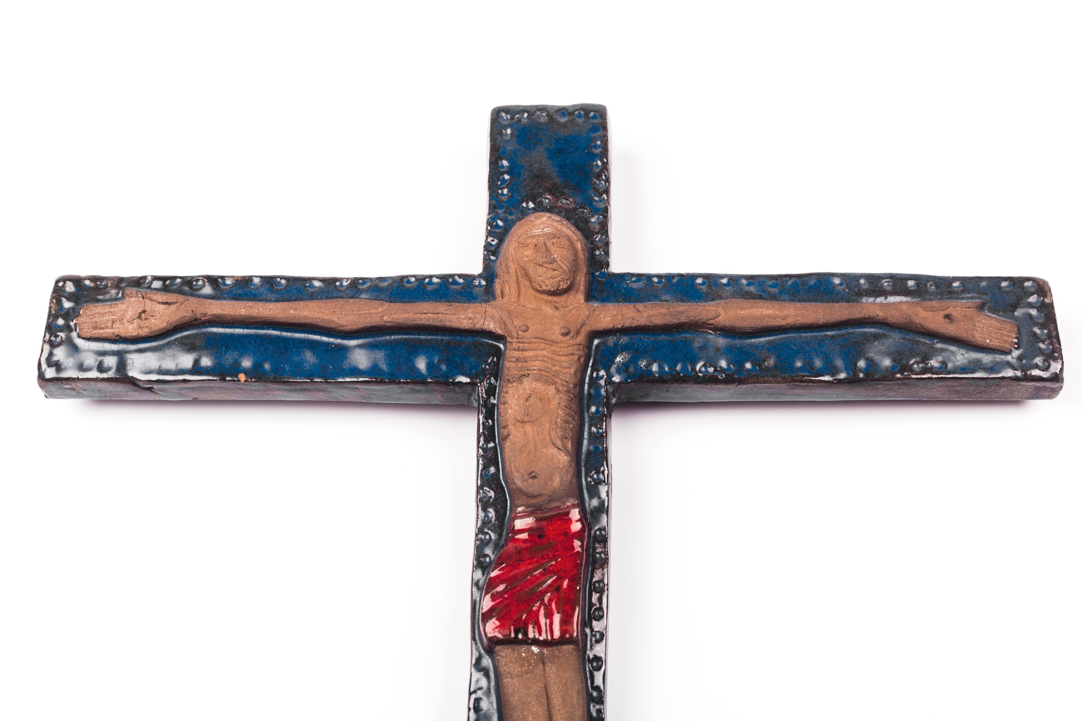 Large Wall Cross, Blue, Red Painted Ceramic, Handmade in Belgium, 1970s In Good Condition In Chicago, IL