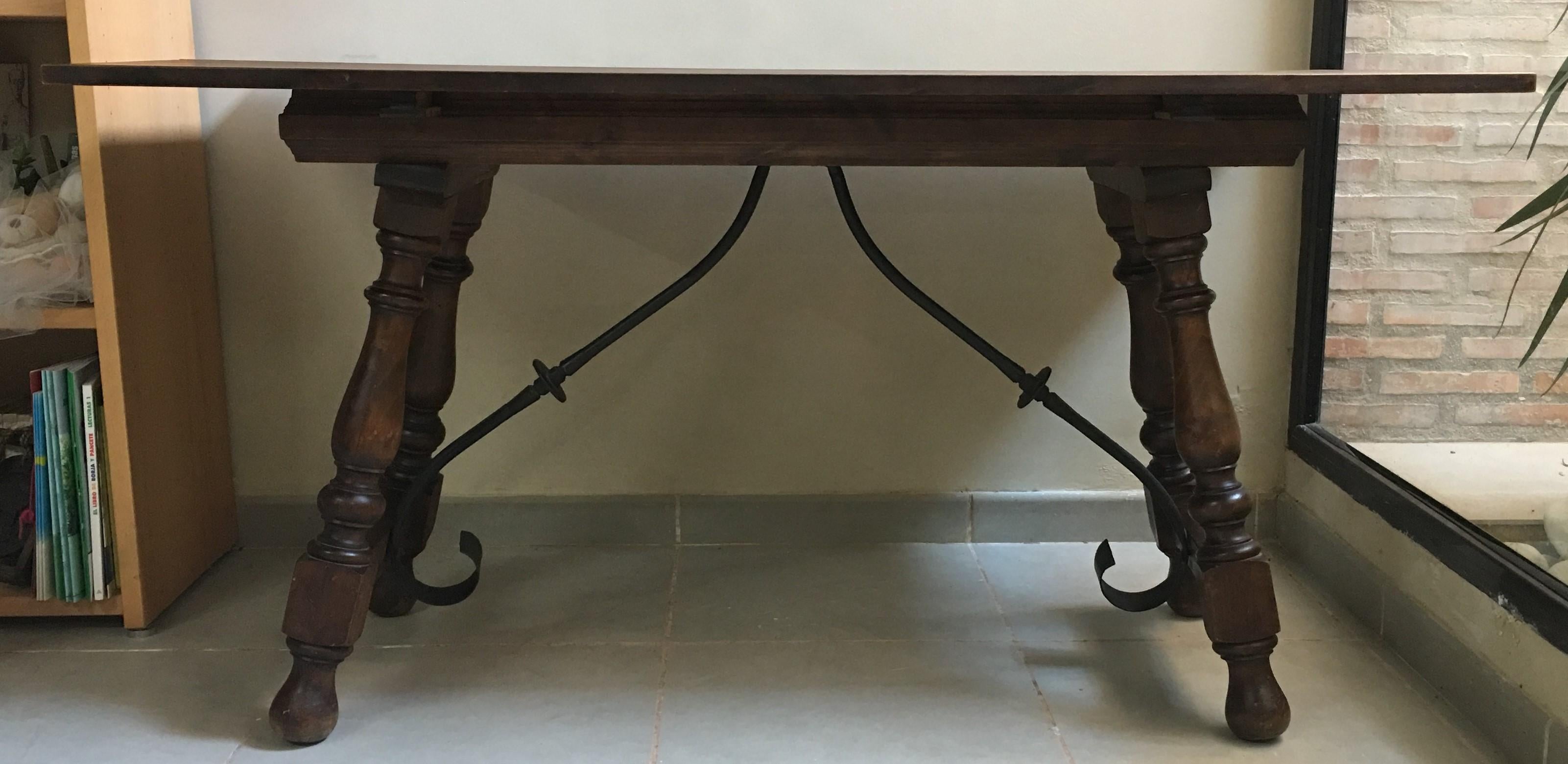 20th Century Spanish Console Fold Out Farm Table with Iron Stretcher 2