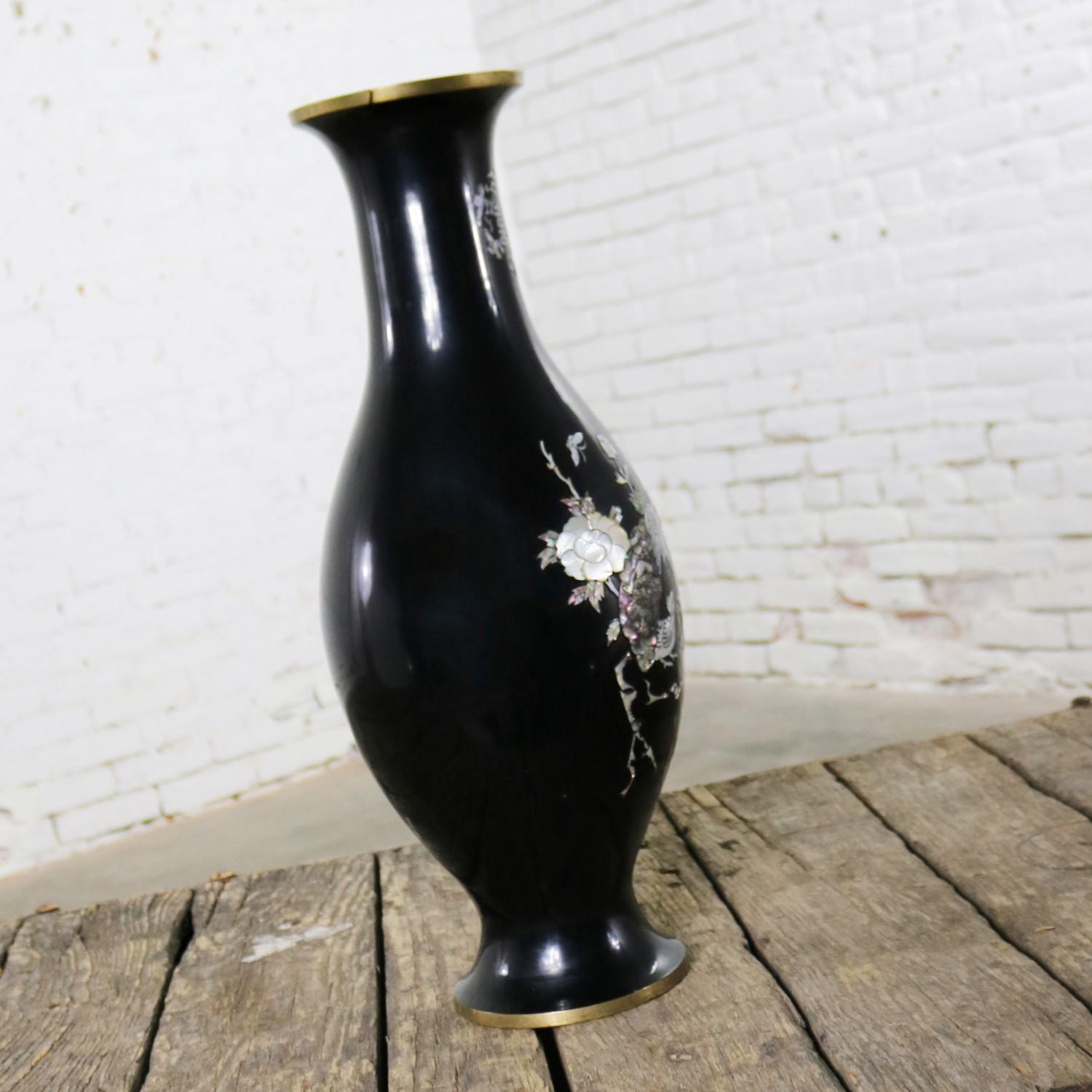 Chinoiserie Black Lacquer with Inlaid Mother-of-Pearl Korean Bottle Vase Extra Large Footed