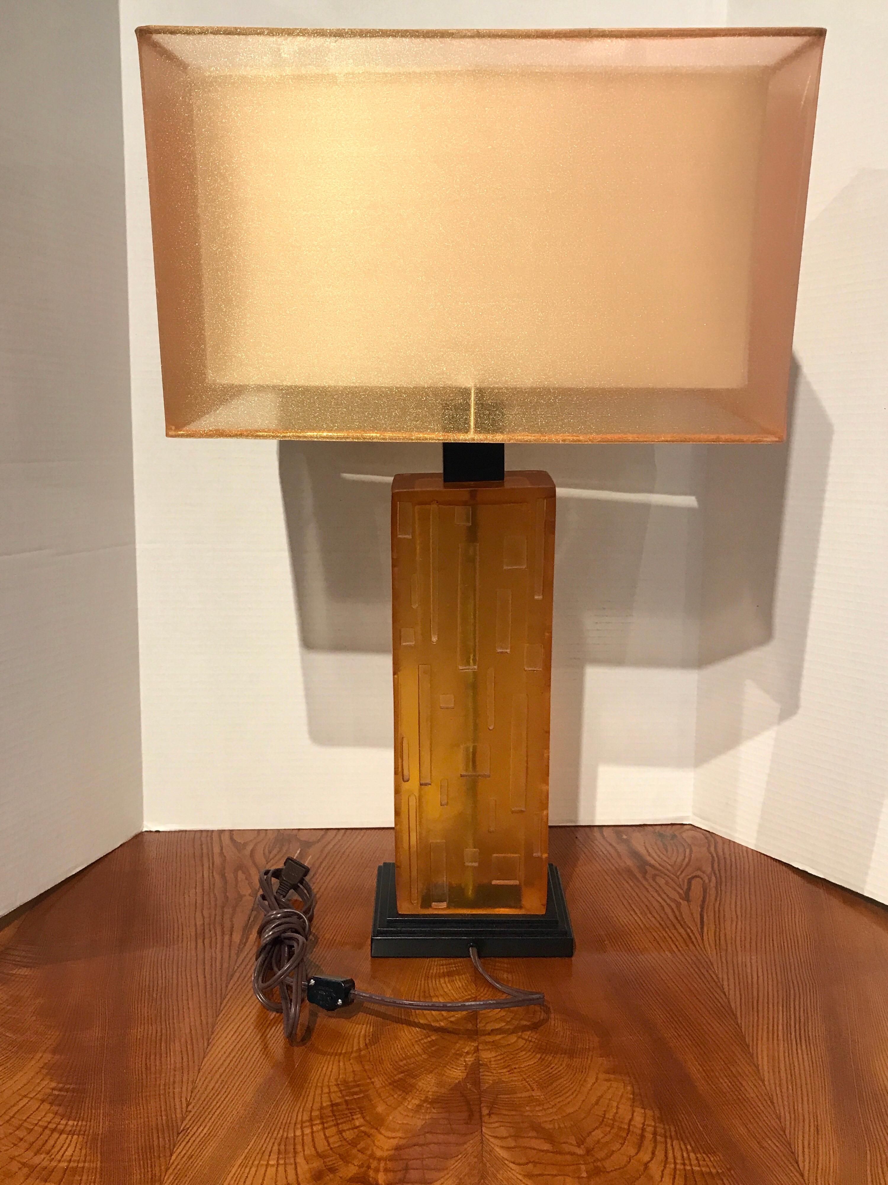 20th Century Pair of Cityscape Citrine Lucite Lamps with Custom Shades For Sale