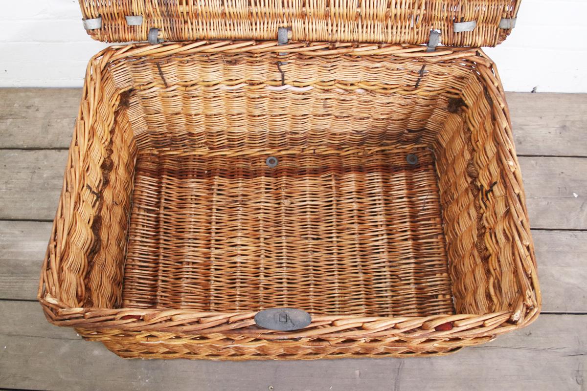 Huge Early 20th Century Vintage Willow Basket with Iron Casters 2