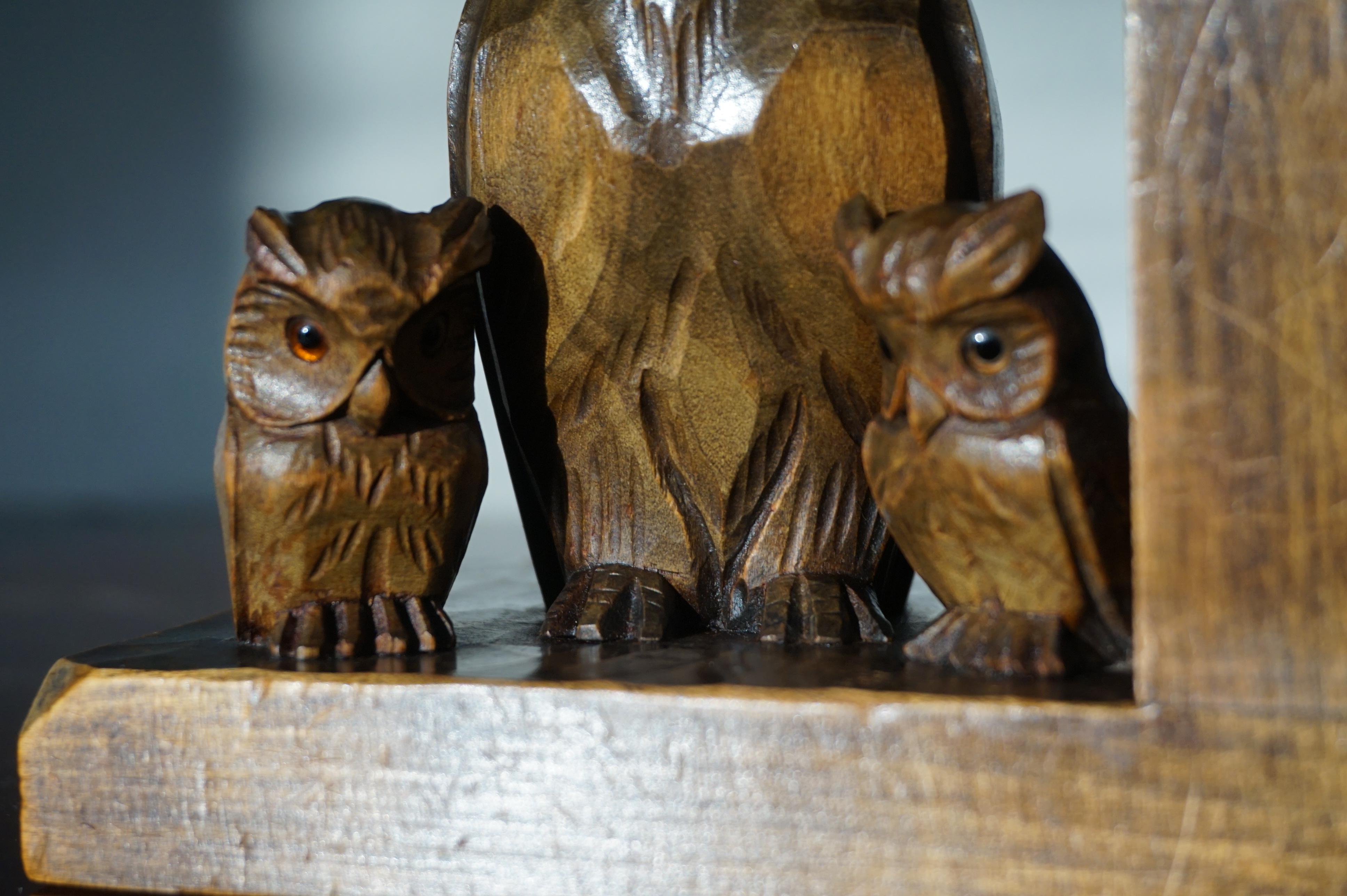 Felt Early 20th Century Art Deco Era Bookends W. Hand Carved Family of Owl Sculptures