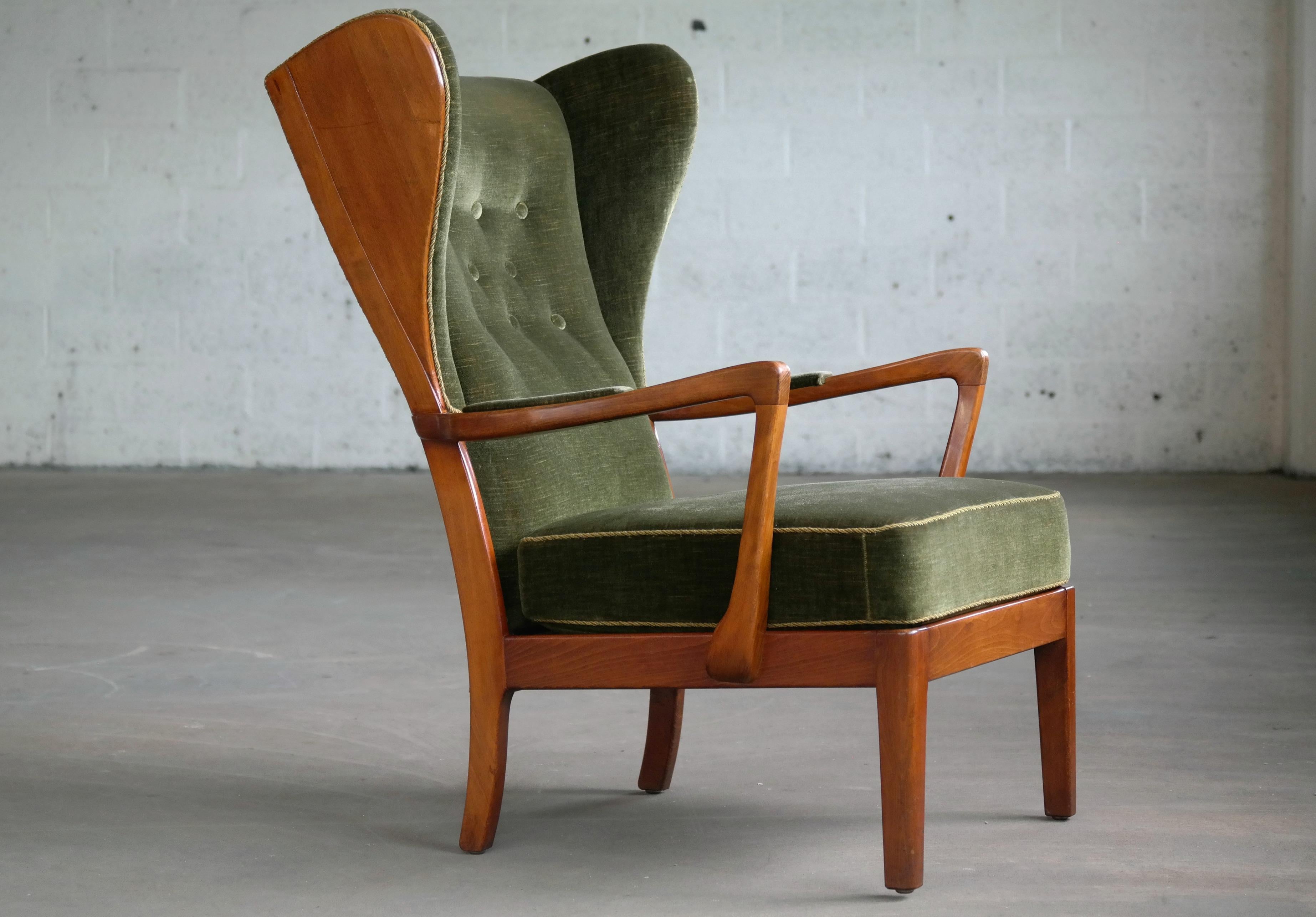 Mohair Danish Modern 1950s Highback Lounge Wing Chair Attributed to Fritz Hansen