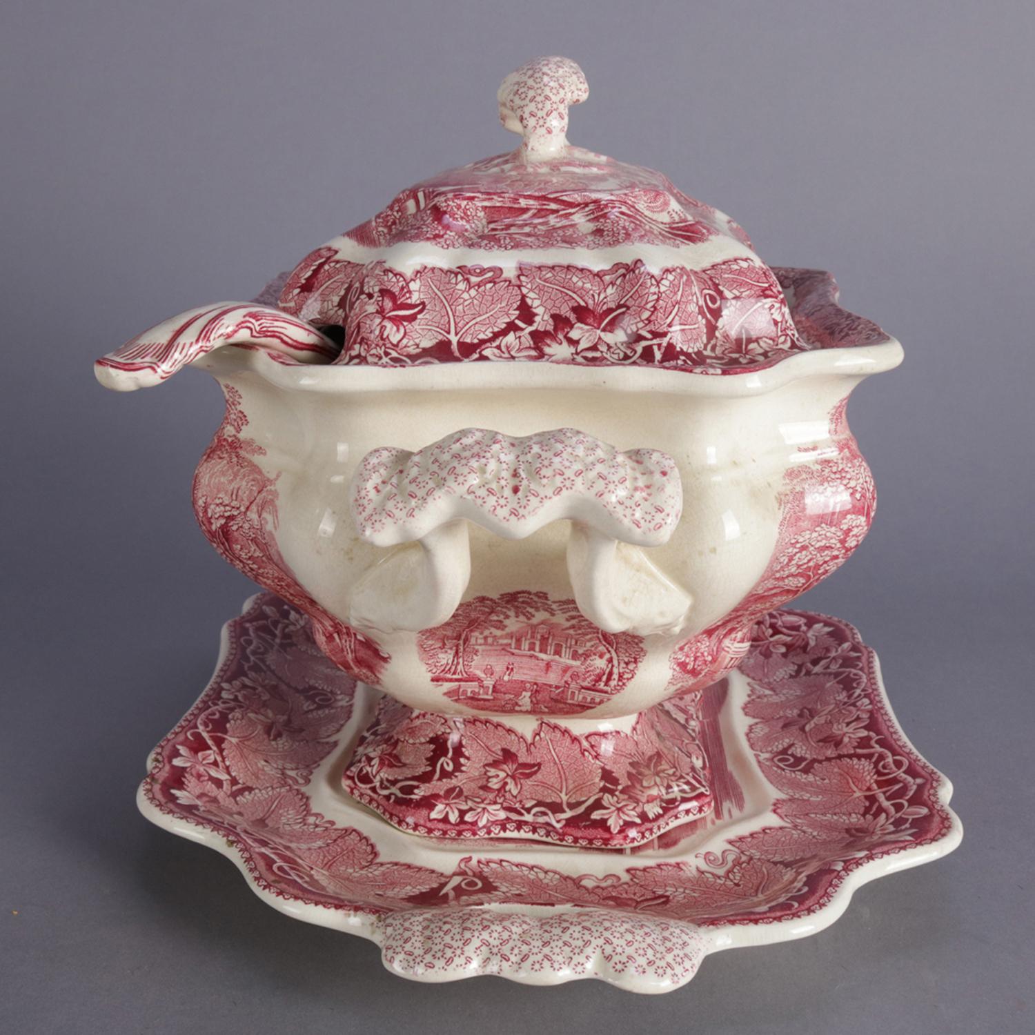 Antique English Mason's Vista Ironstone Transferware Lidded Tureen Set In Good Condition In Big Flats, NY