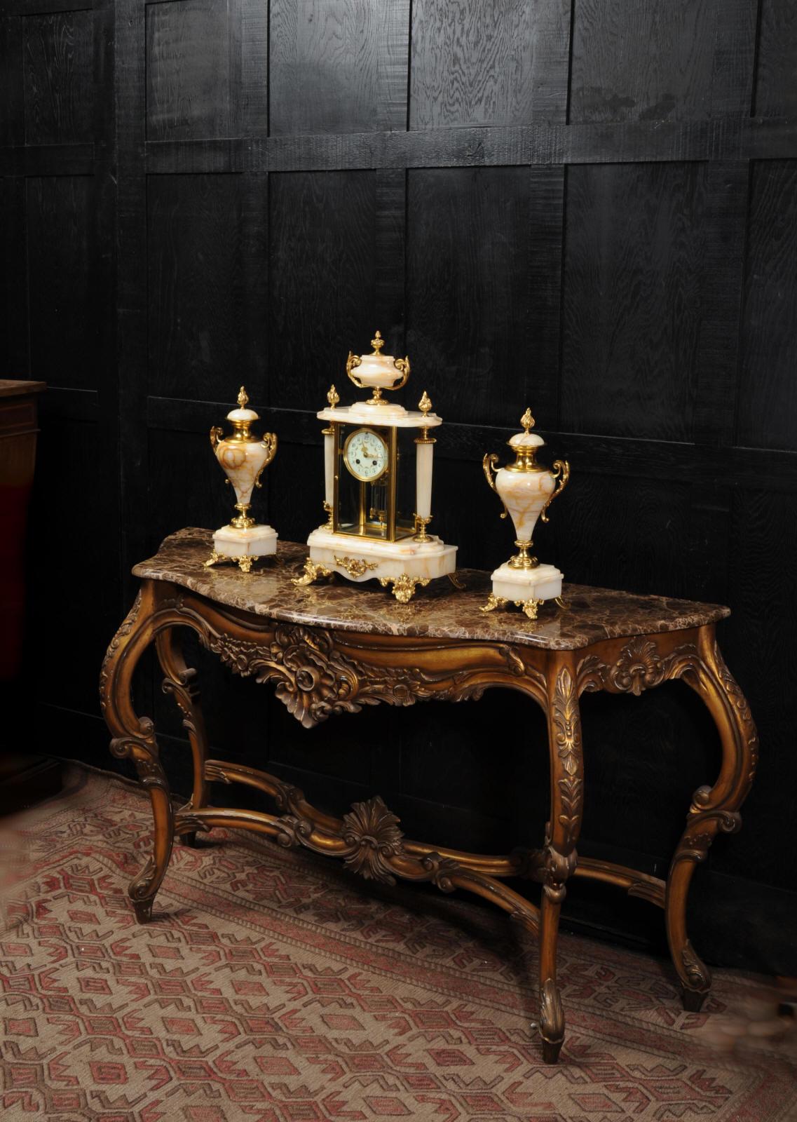 19th Century Antique French Four Glass Crystal Regulator Clock Set in Onyx and Ormolu