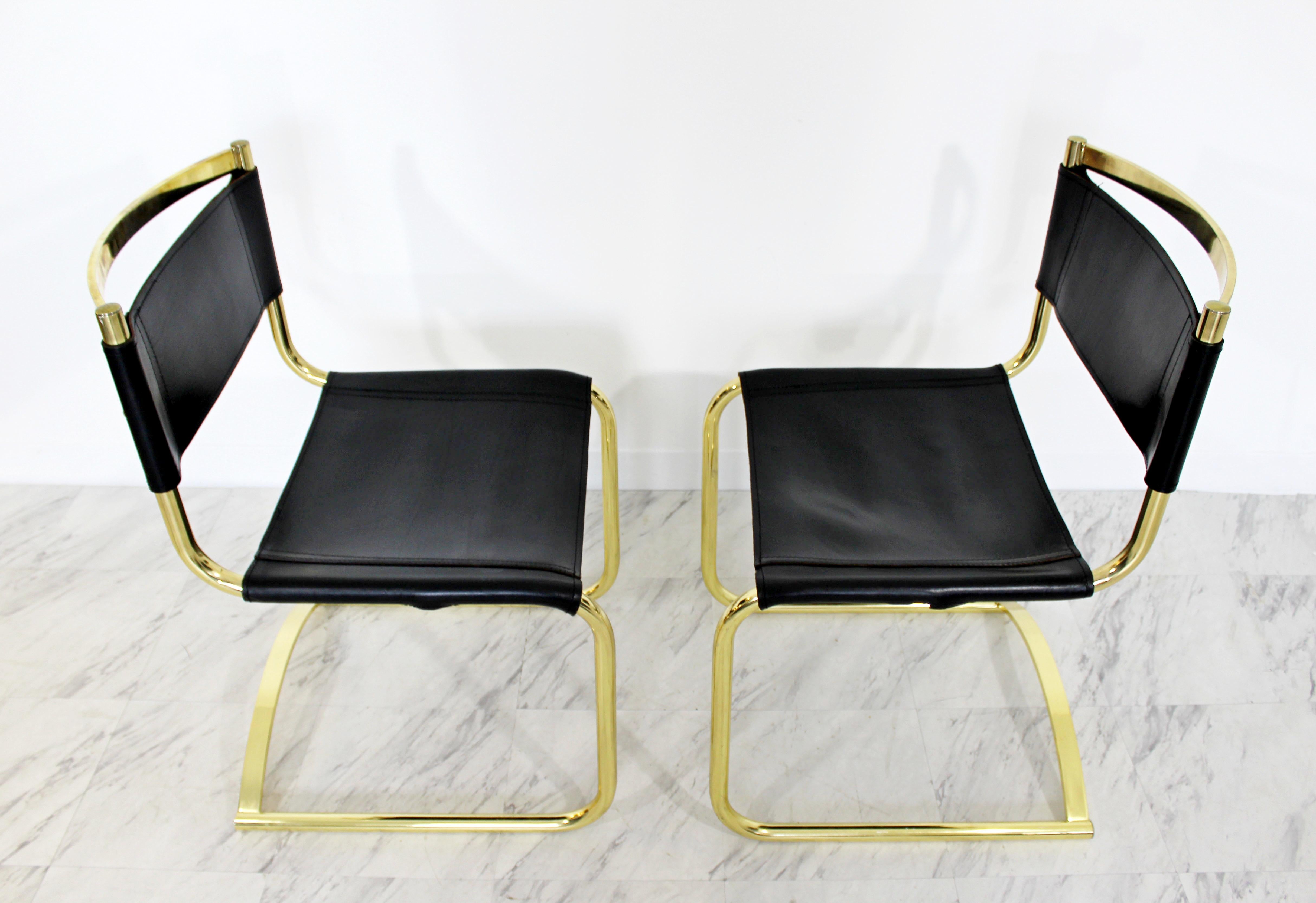 Mid-Century Modern 8 Brass Black Leather Side Dining Chairs Breuer Mies Era 1