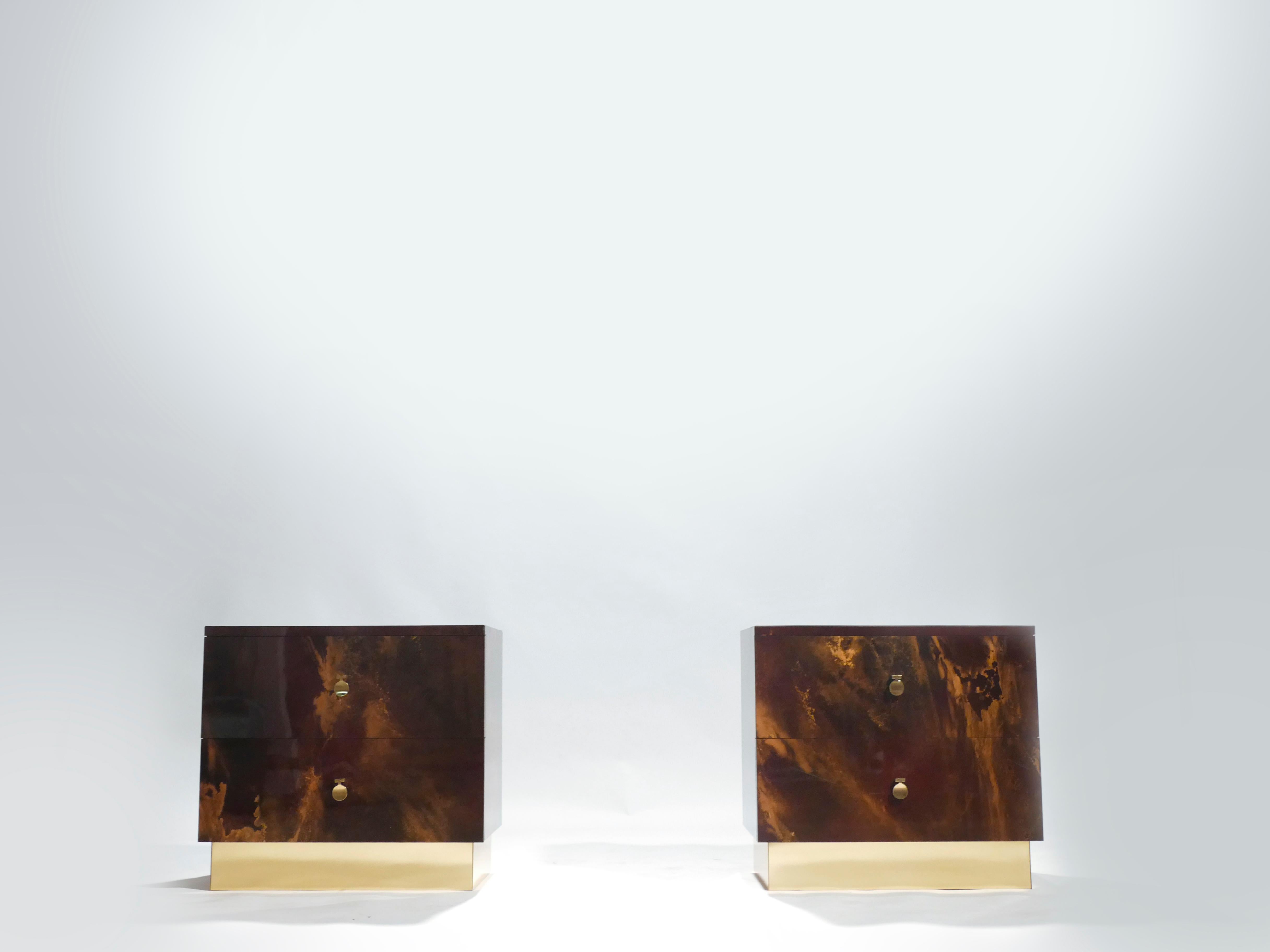 Rare Golden Lacquer and Brass Maison Jansen End Tables, 1970s In Excellent Condition In Paris, IDF