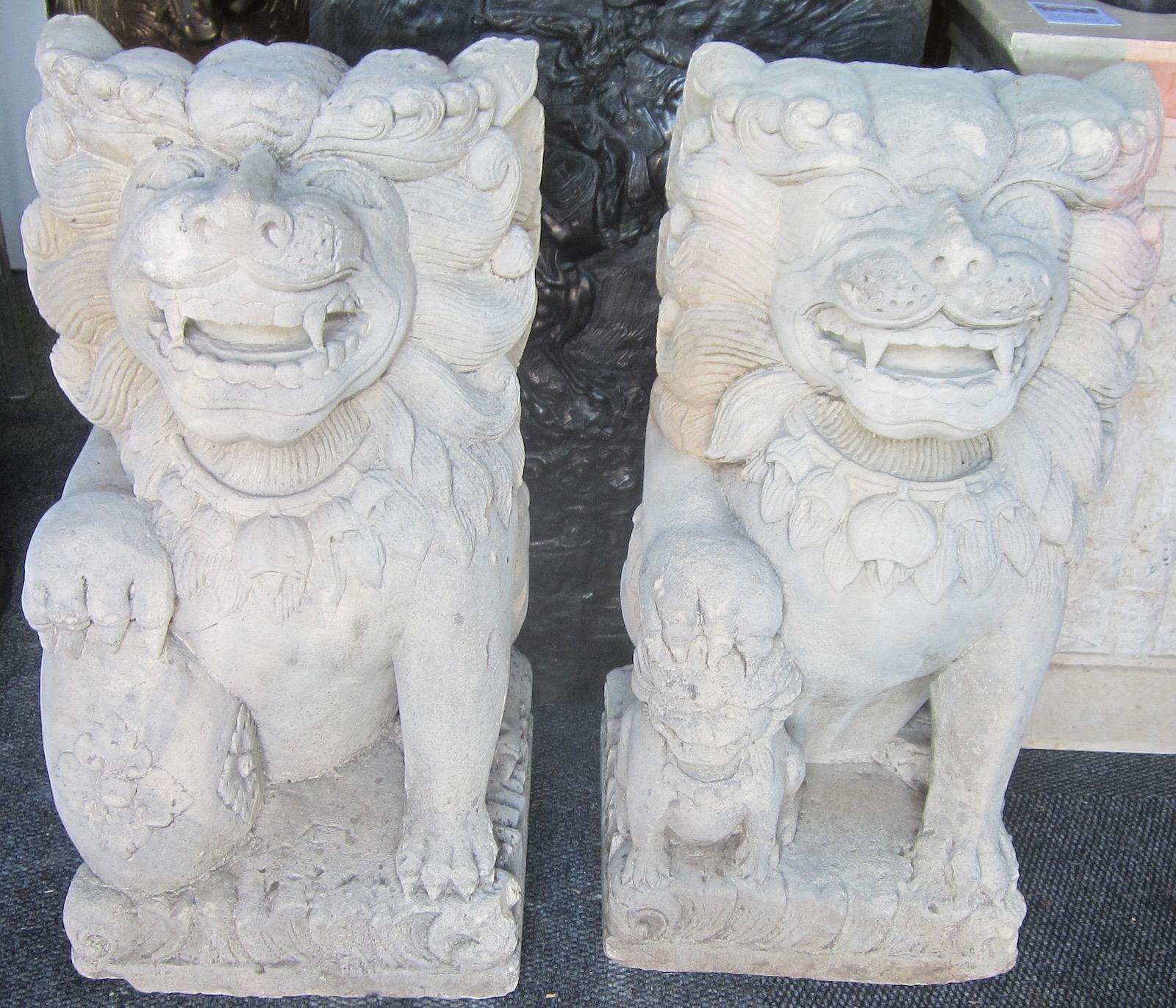Late 20th Century Pair of Balinese Limestone Lion Foo Dog Statues