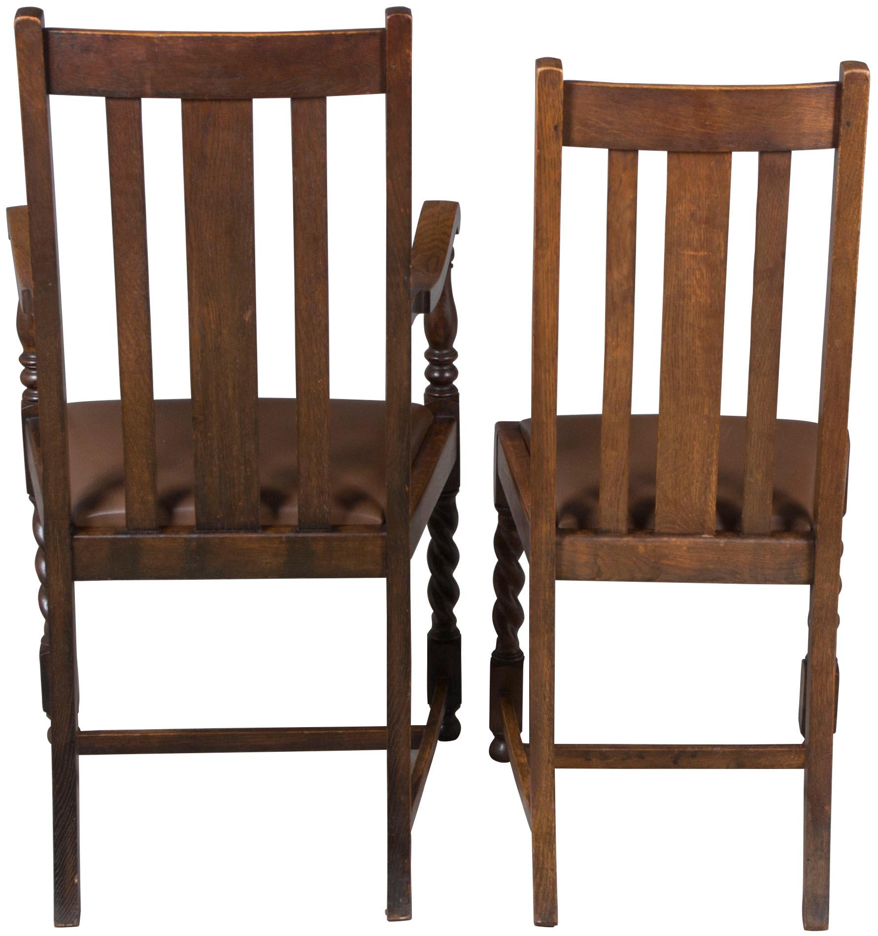 English Set of Four Oak Barley Twist Dining Room or Kitchen Chairs