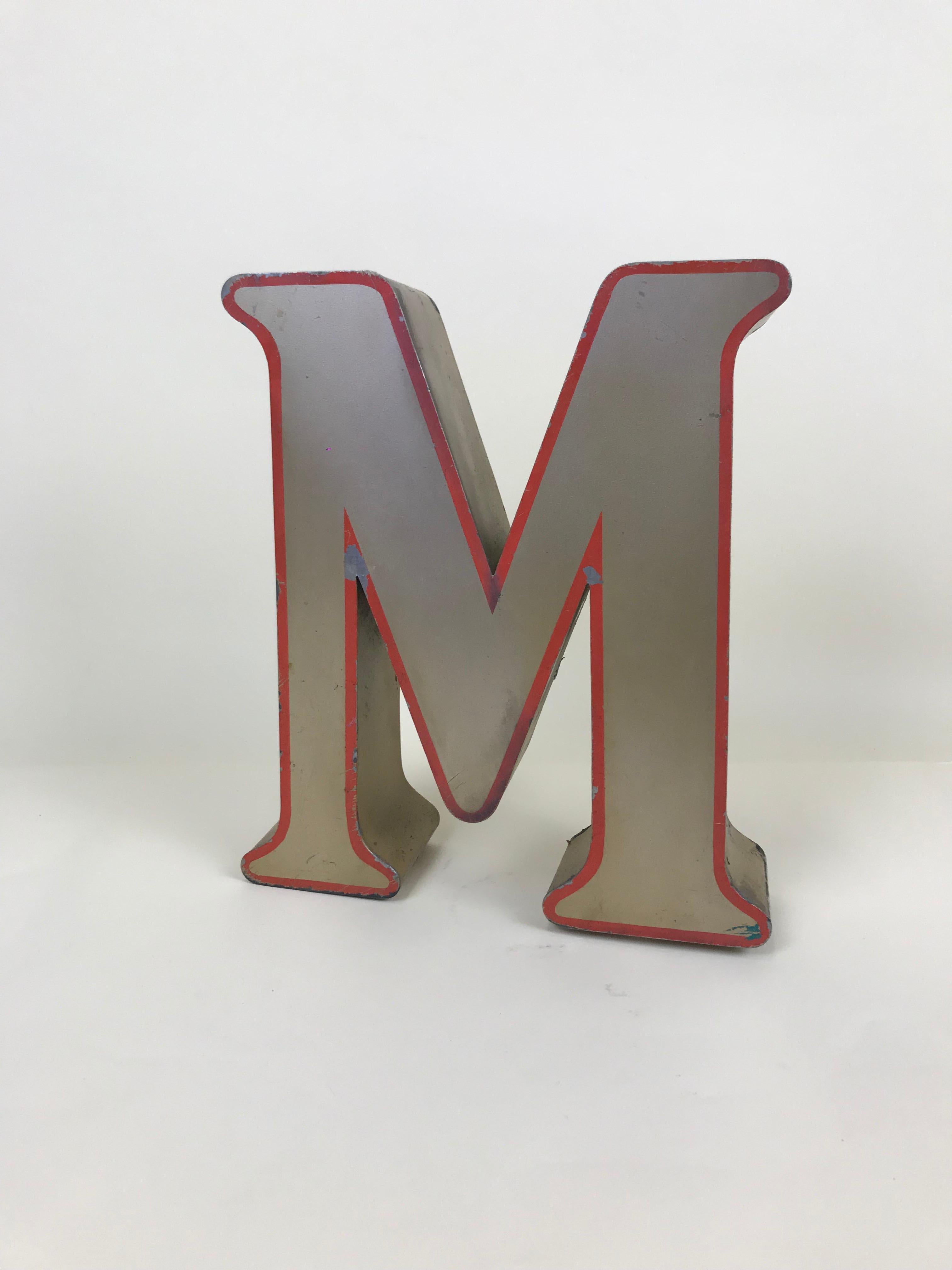 1970s Large English Vintage Metal Bronze Color Capital Letter M with Red Profile For Sale 1