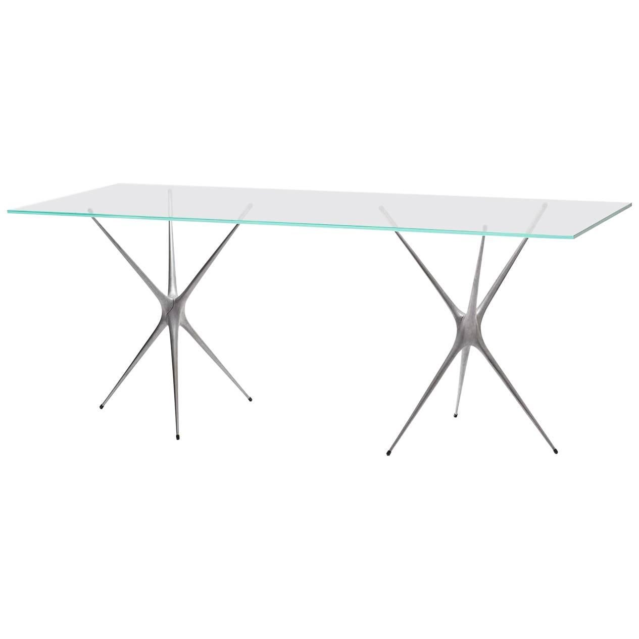 Minimalist Supernova, Recycled Cast Aluminum Trestle Table Legs & Glass by Made in Ratio