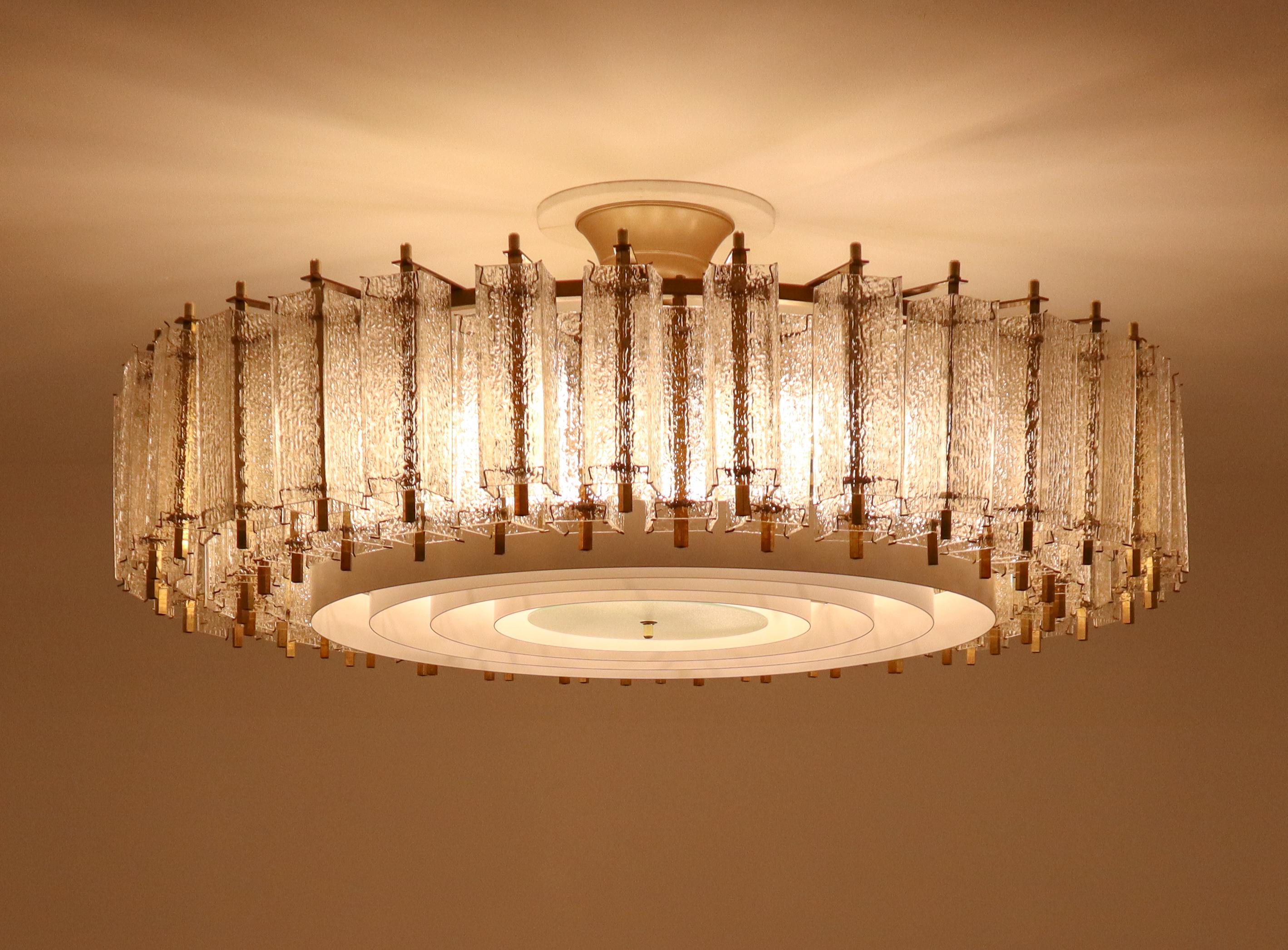 20th Century Three Extra Large Midcentury Chandeliers in Structured Glass and Brass, Europe