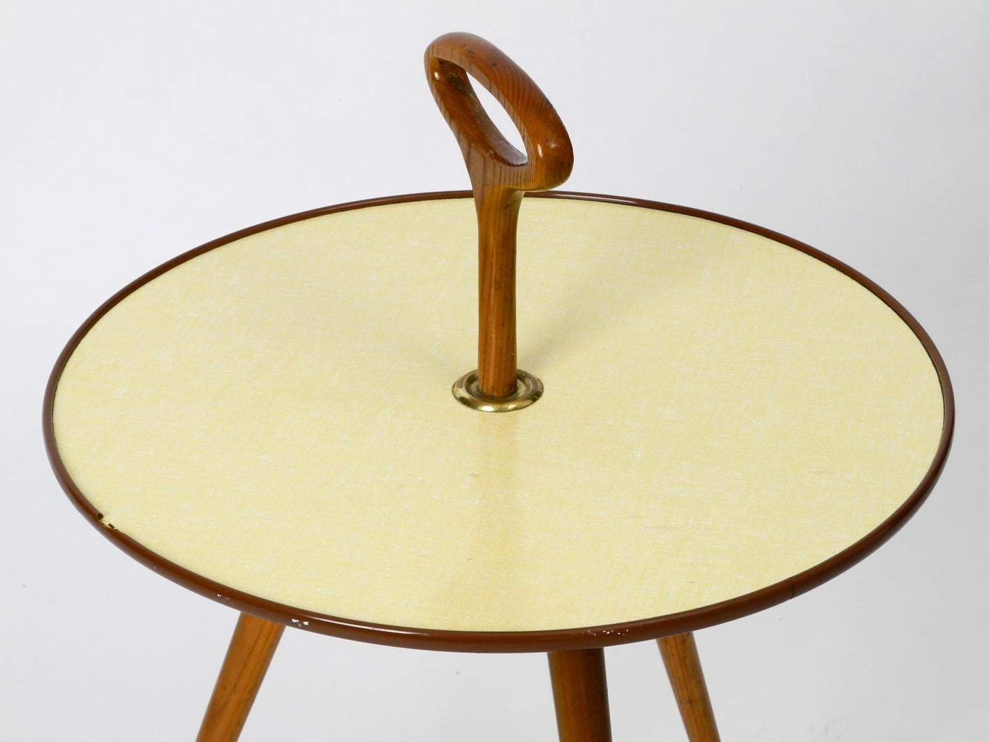 European Rare Round Mid-Century Modern Tripod Table with Walnut Handle and Legs