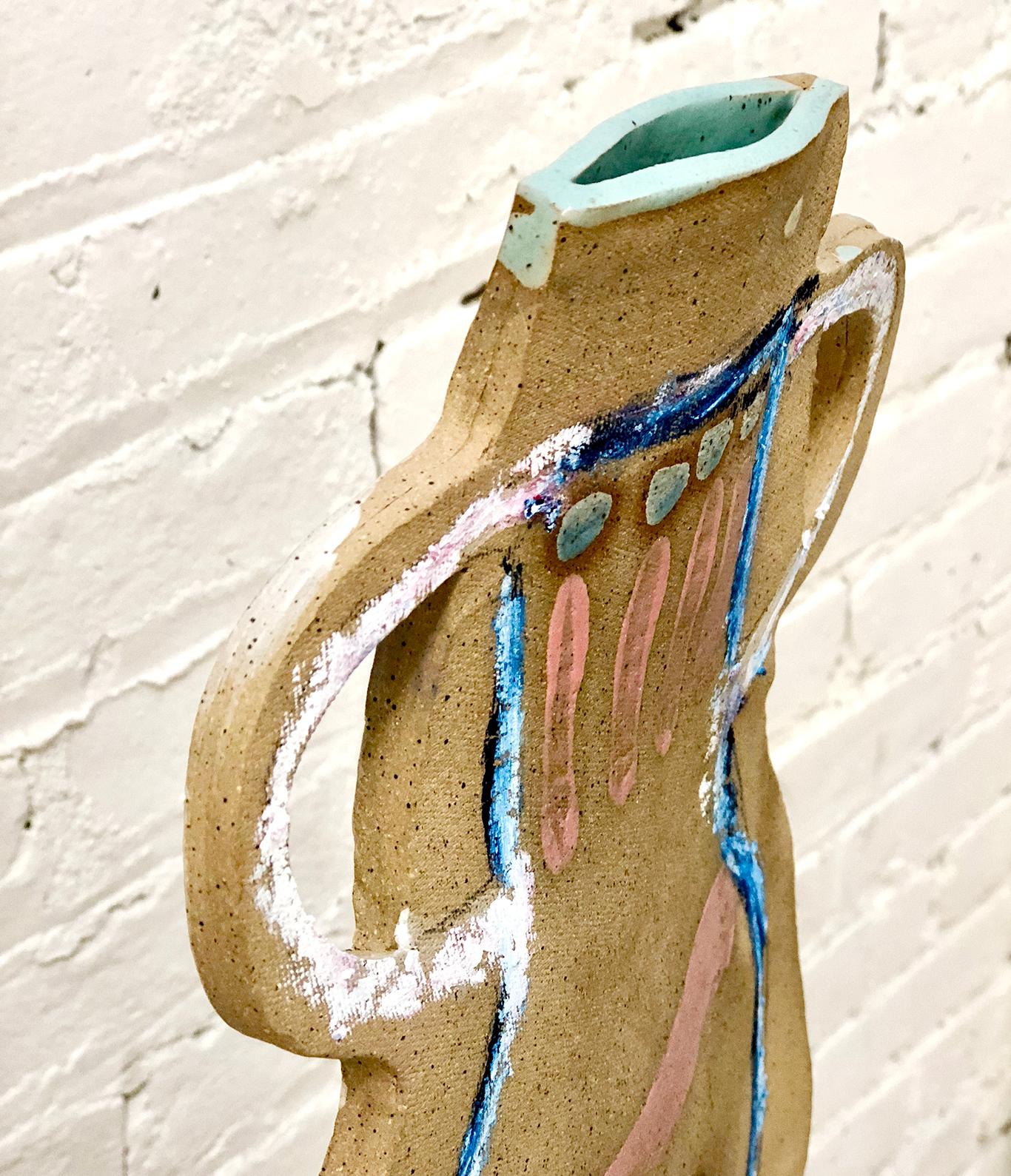 Tall Painted Speckled Stoneware Flat Vase with Pink and Celadon by Alison Owen In New Condition For Sale In Brooklyn, NY
