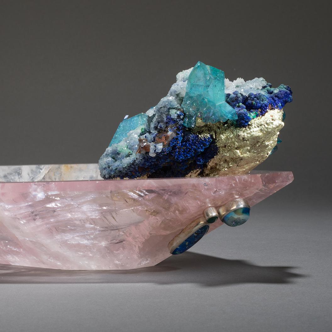 Contemporary Studio Greytak 'Crystal Bling Bowl 5' Rose Quartz Bowl & Azurite, Emerald, Gold