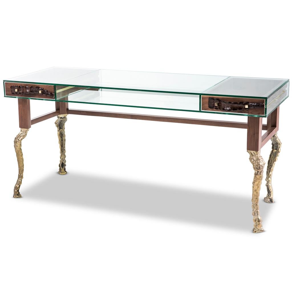 South African Cast Brass, Glass and Walnut Timber Big Crocco Desk by Egg Designs For Sale