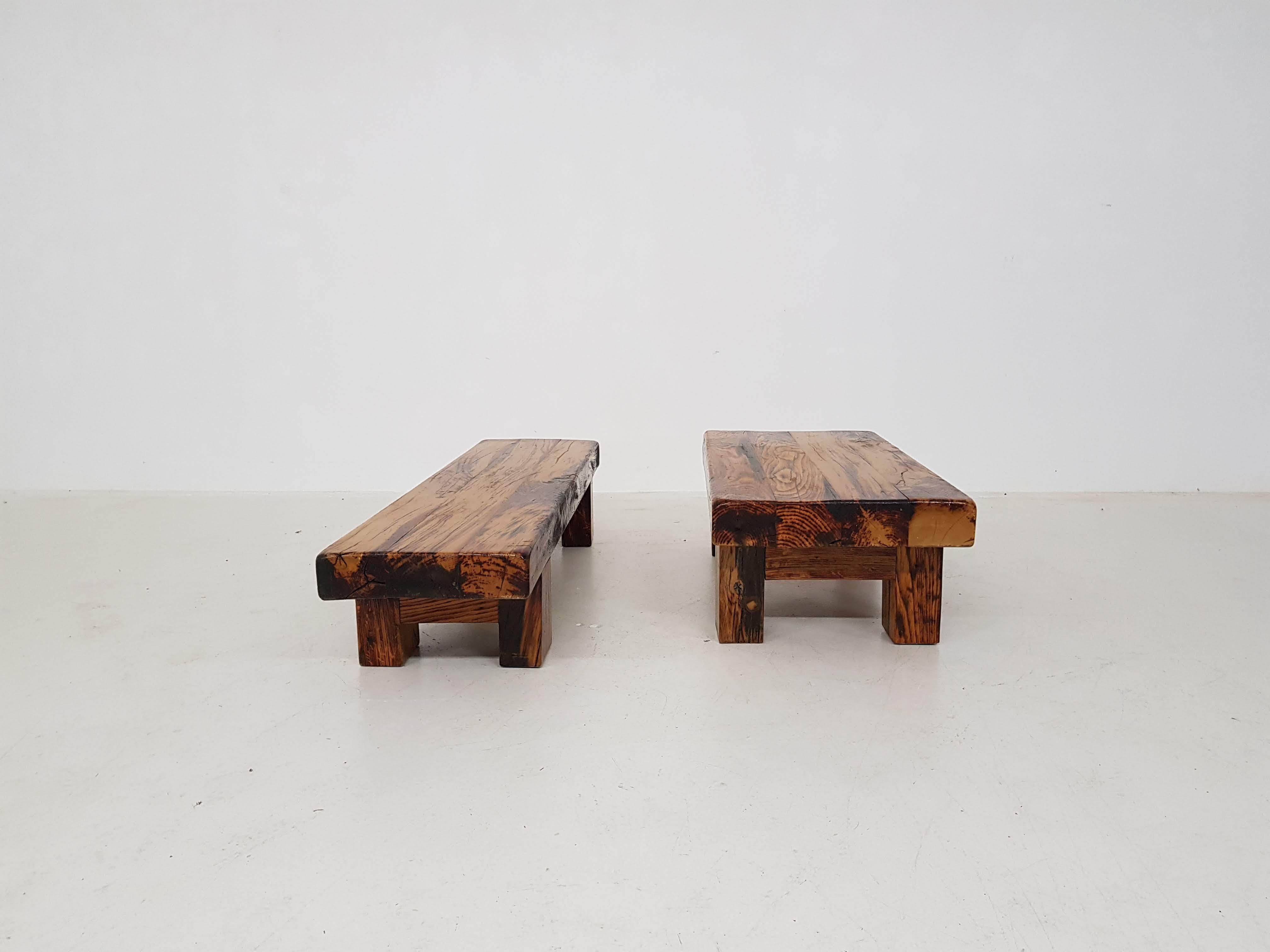Two Charlotte Perriand Style Brutalist Solid Oak Benches or Tables, France 1950s 1