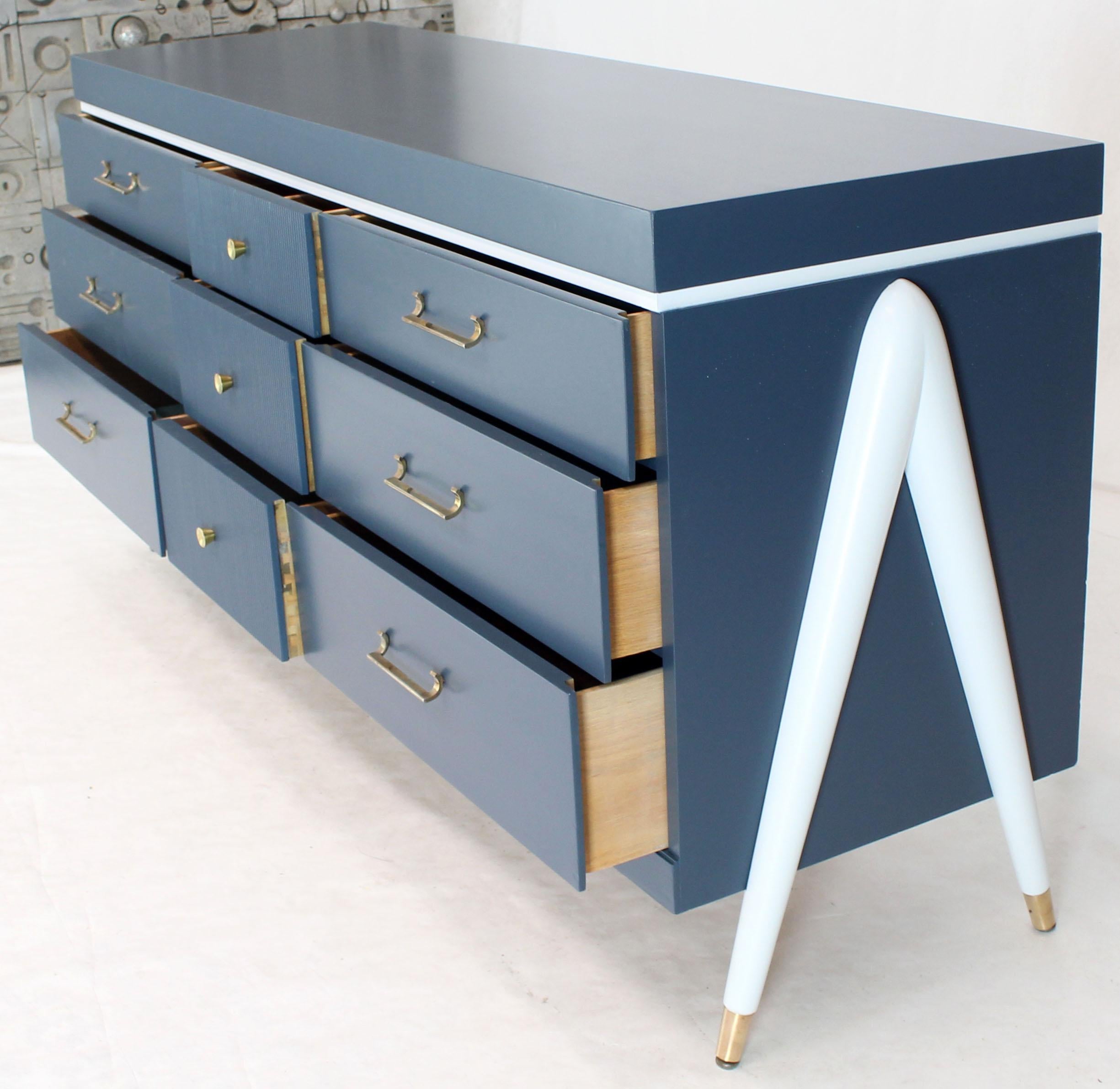 White and Blue Exposed Sculptural Compass Shape Legs Nine Drawers Dresser In Excellent Condition In Rockaway, NJ
