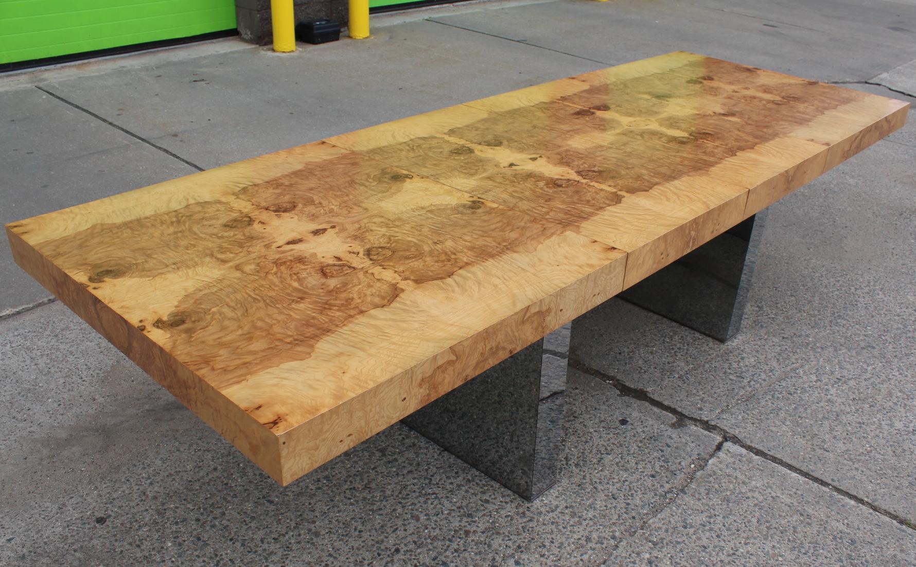 20th Century Milo Baughman Extendable Dining Table in Burl and Chrome