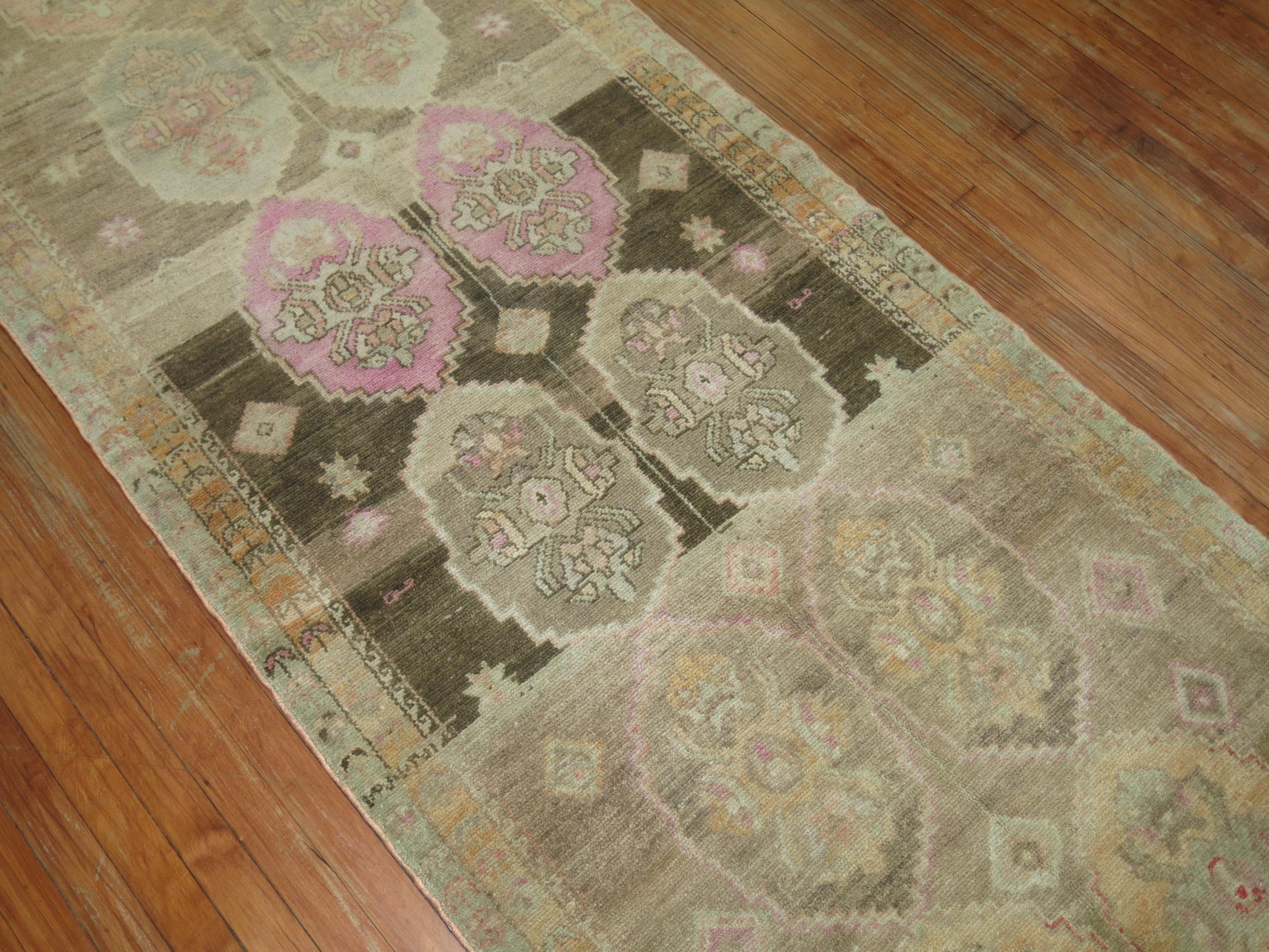 Wool Turkish Oushak Runner with Pink Hues For Sale