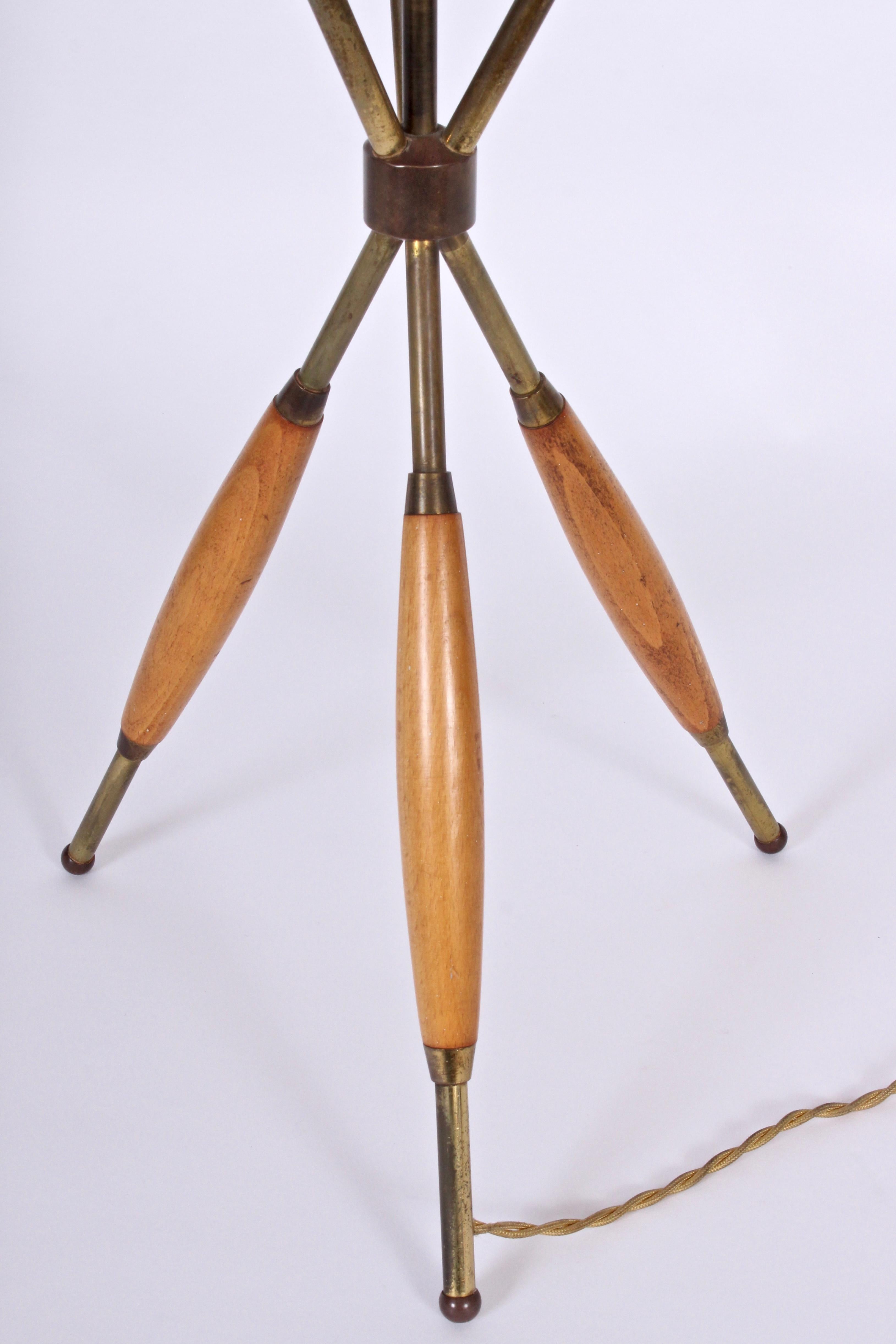 Plated Gerald Thurston for Lightolier Brass and Walnut Tripod Table Lamp, circa 1960