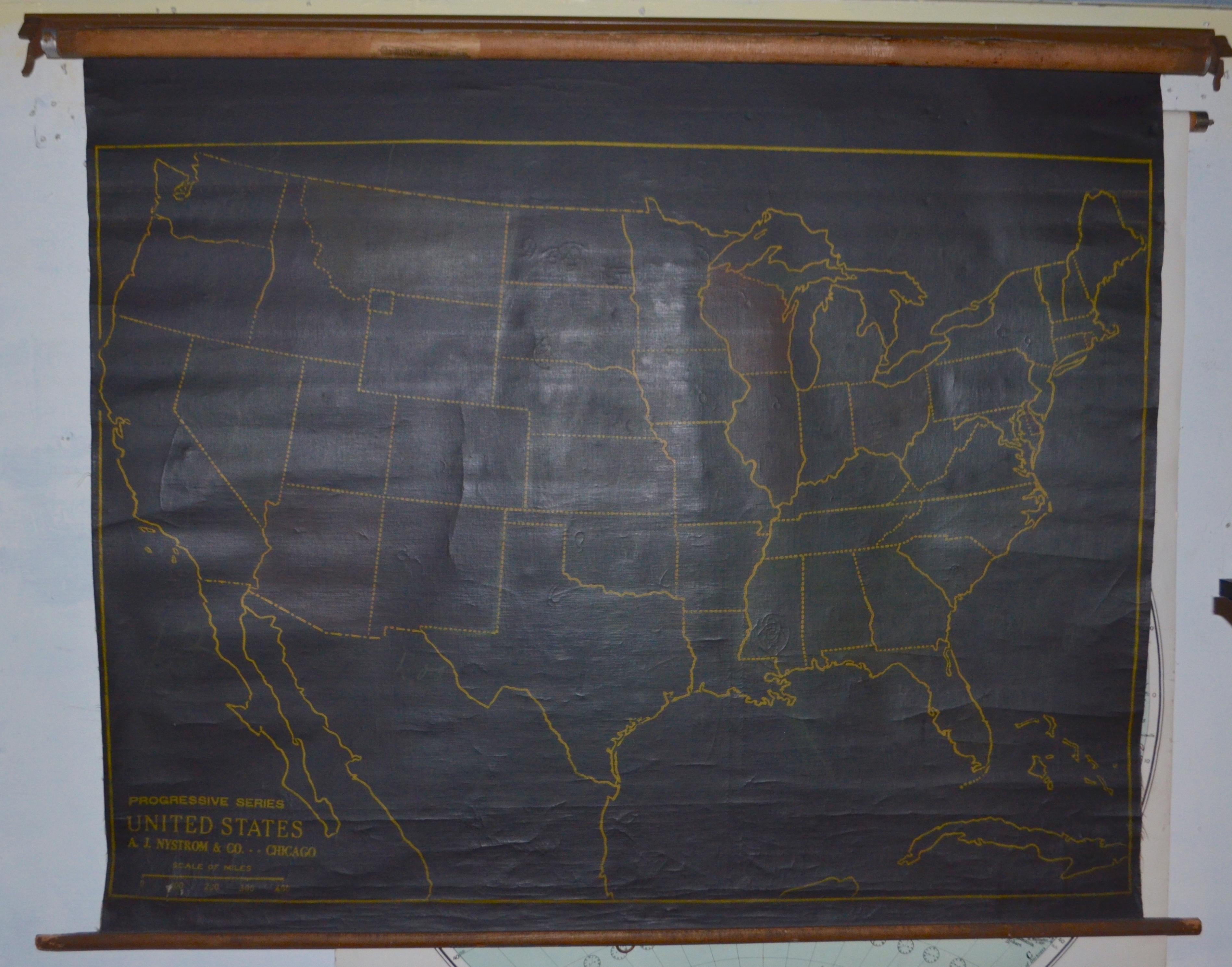 Map of United States, Early 1900s, with Chalkboard Canvas on Retractable Roller In Good Condition For Sale In Madison, WI