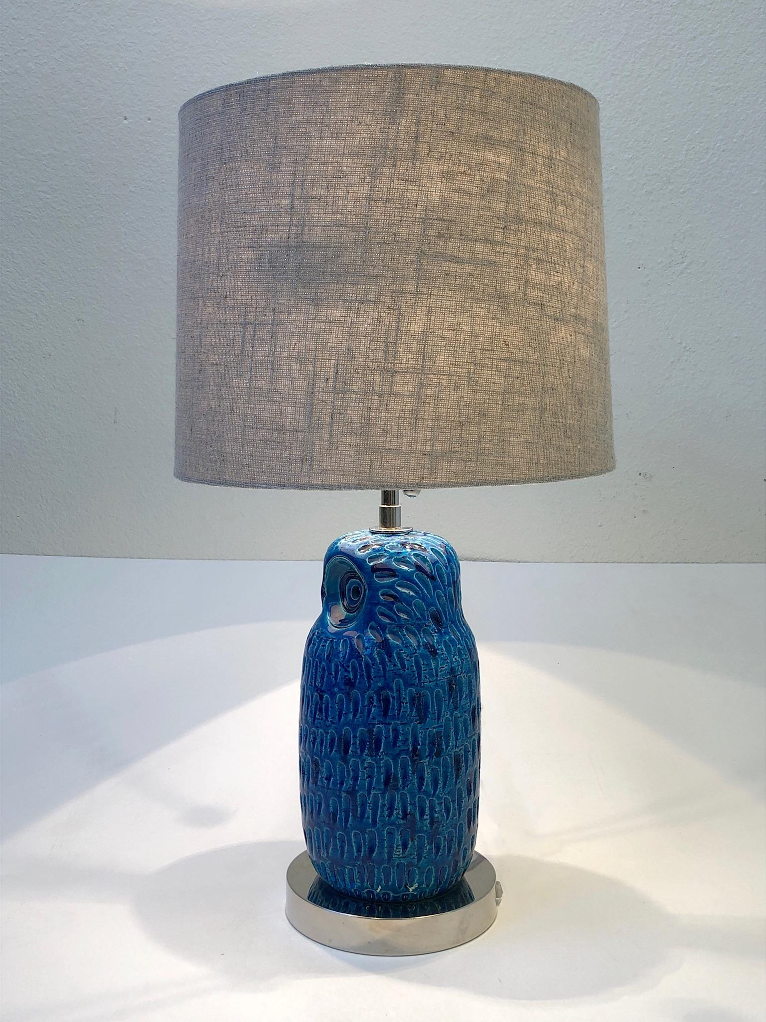 Mid-Century Modern Italian Ceramic and Nickel Owl Table Lamp by Aldo Londi for Bitossi 