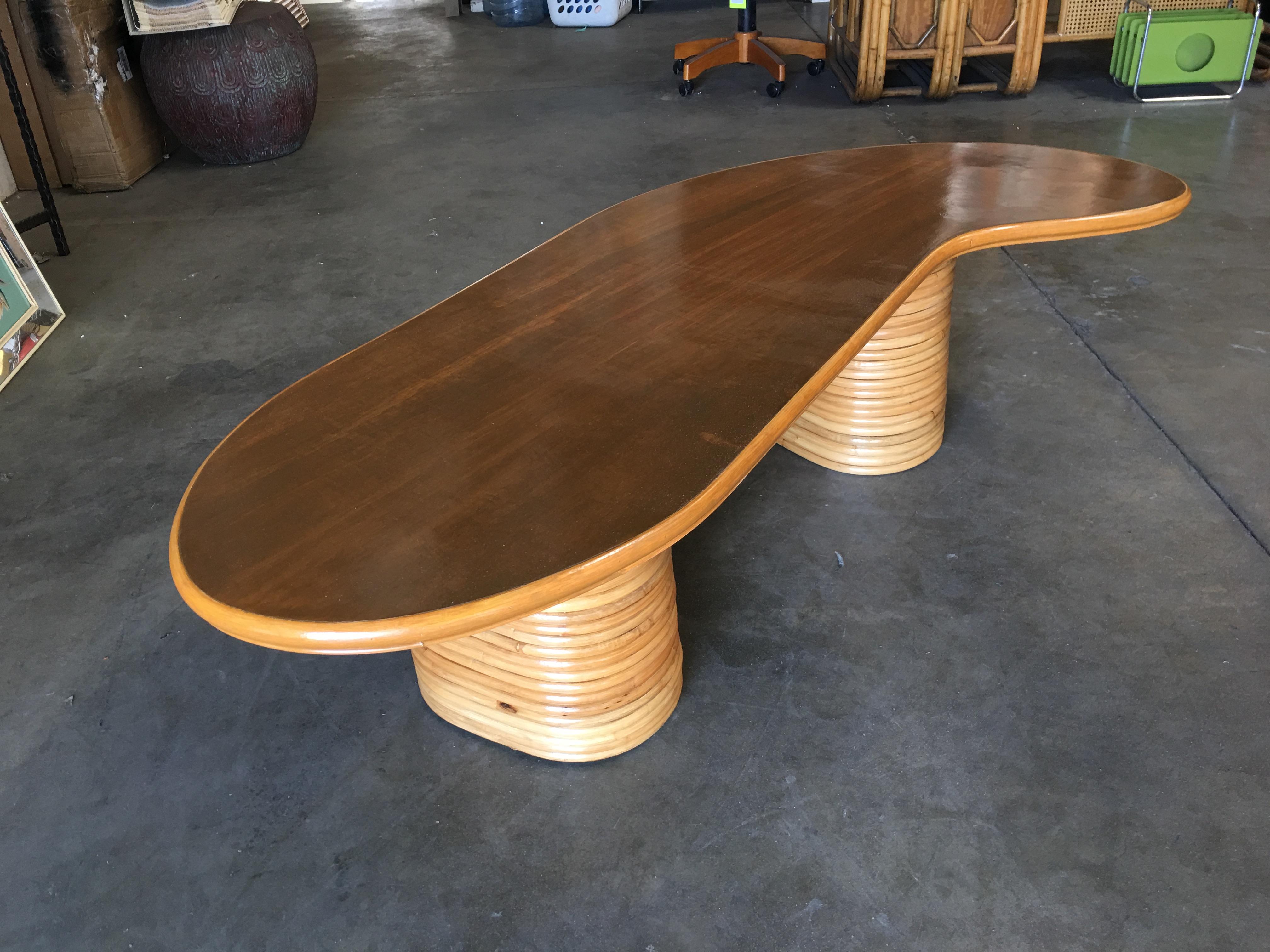 Mid-20th Century Long Biomorphic Rattan Coffee Table with Wood Top