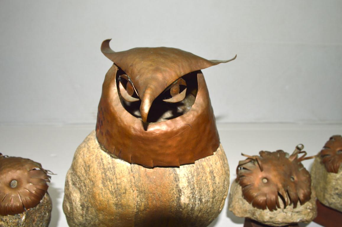 Seven-Piece Collection Brutalist Owls with Copper Heads and Feet with Stone Body 1