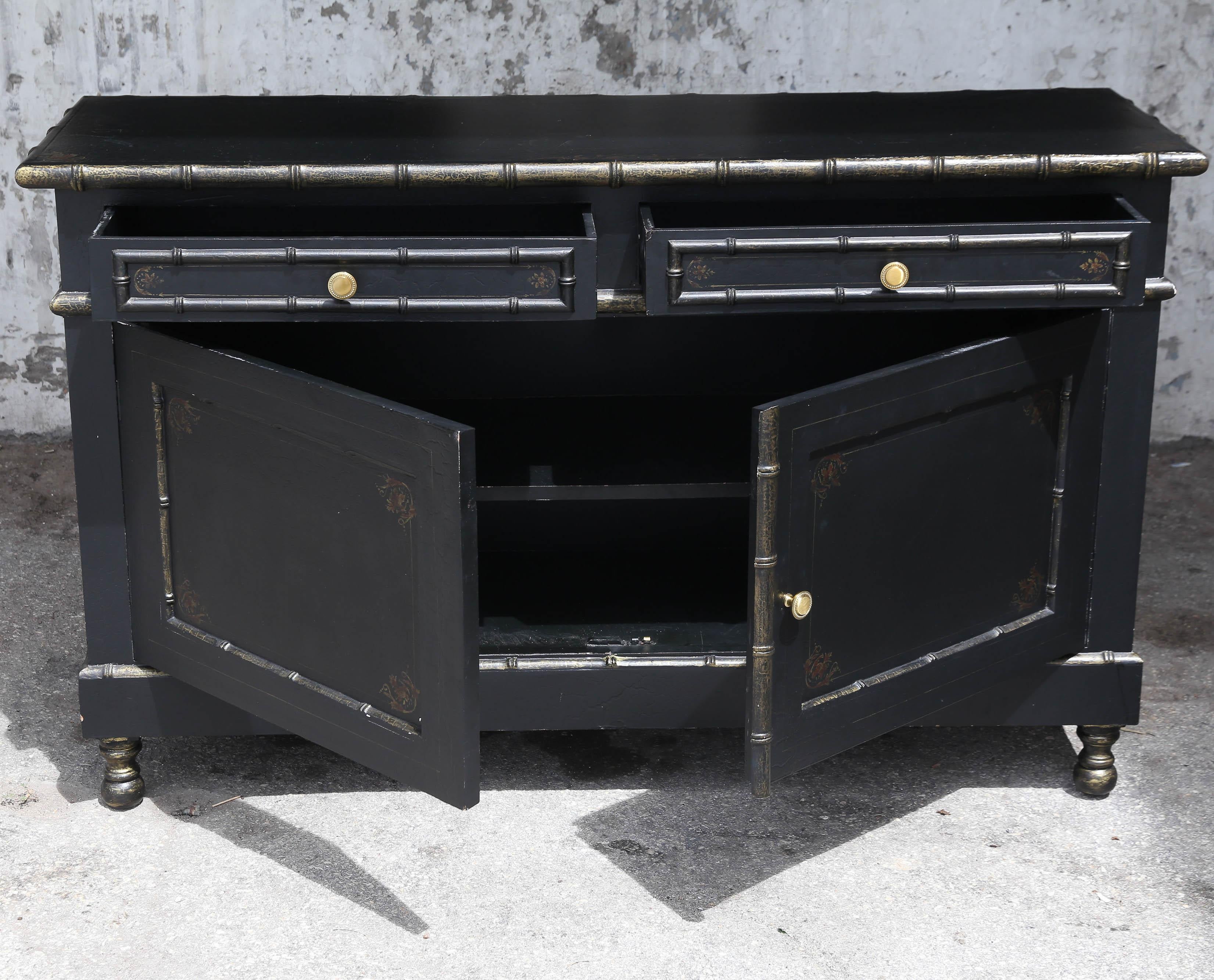 20th Century Vintage Faux Bamboo Black Credenza with Gold Trim For Sale