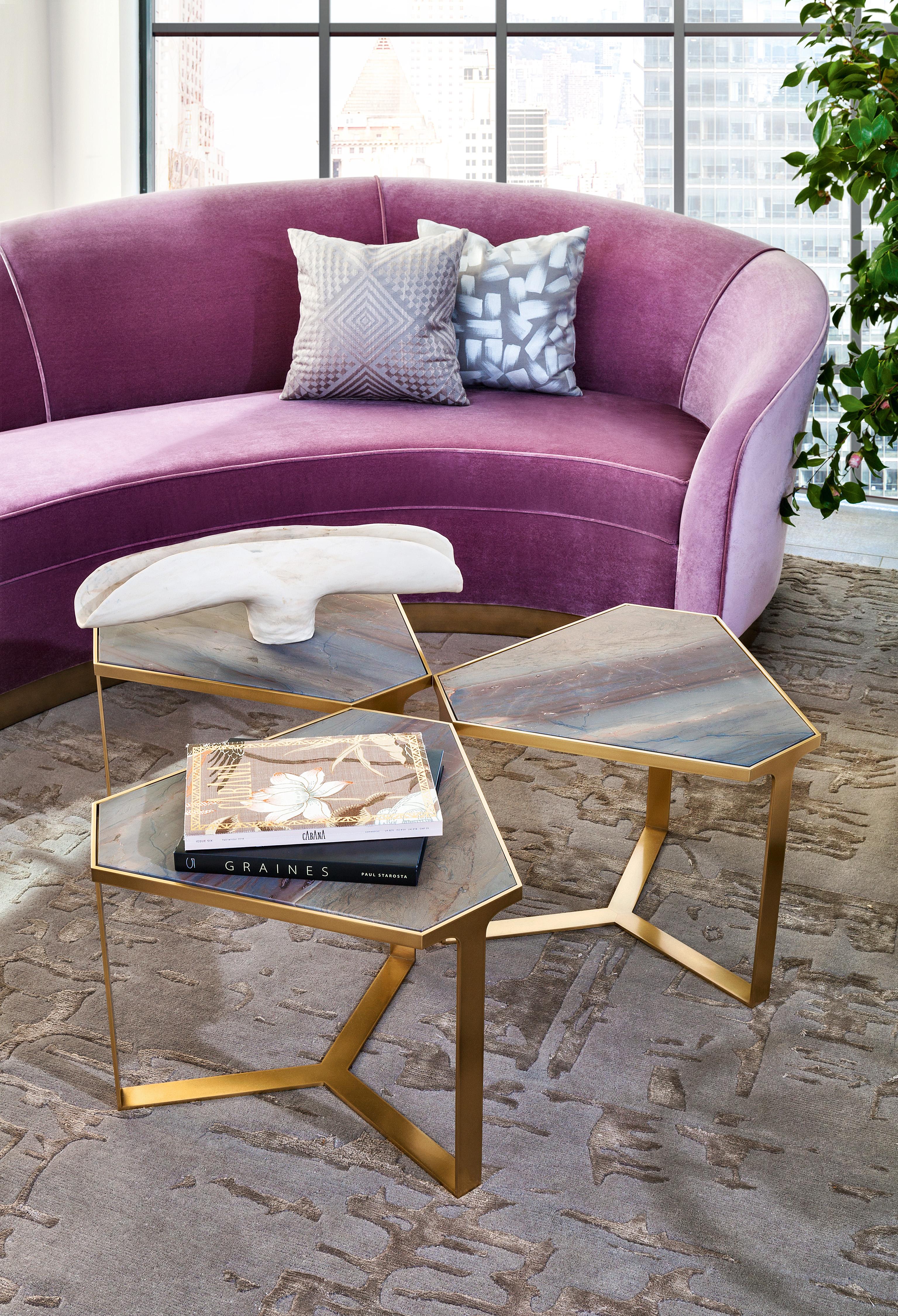 Donghia Forma Table with Satin Brass Base and Antique Stone Top For Sale 1