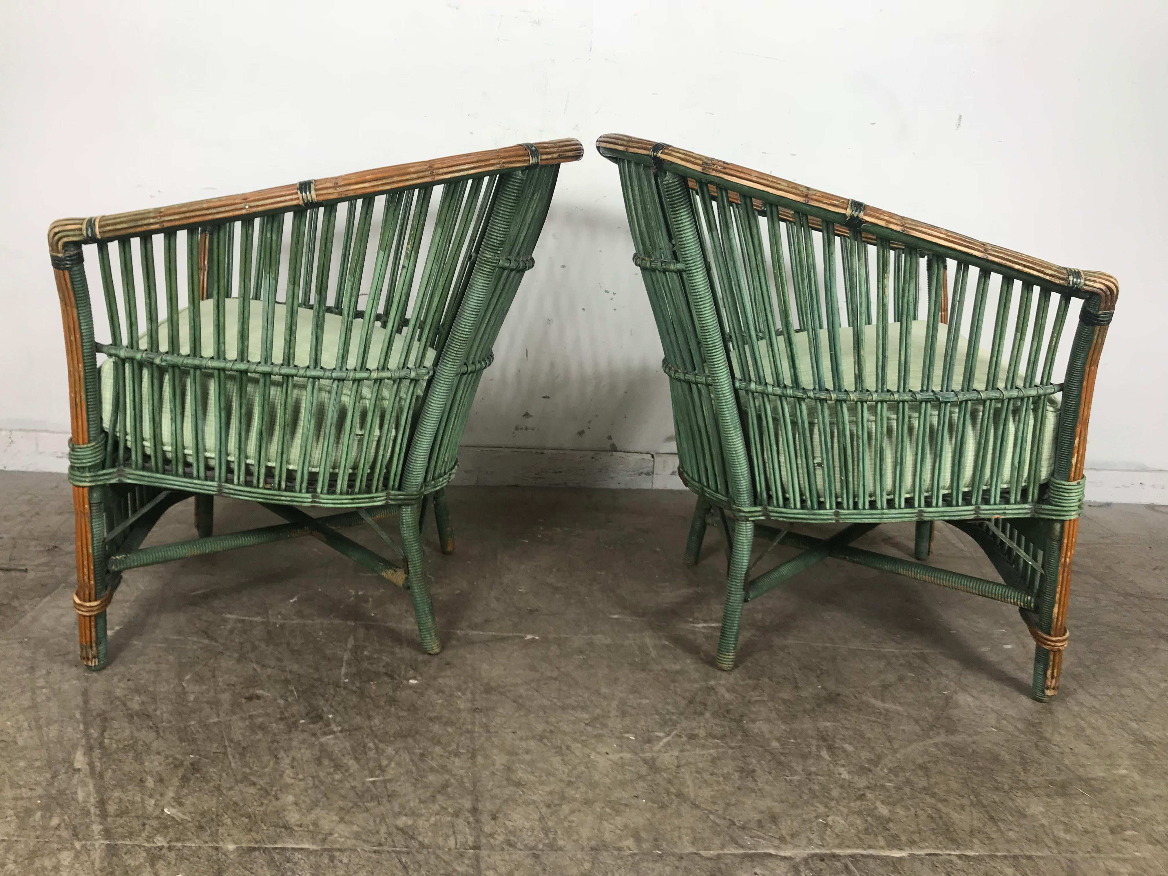 Pair of Art Deco Split Reed Stick Wicker Lounge Chairs 2