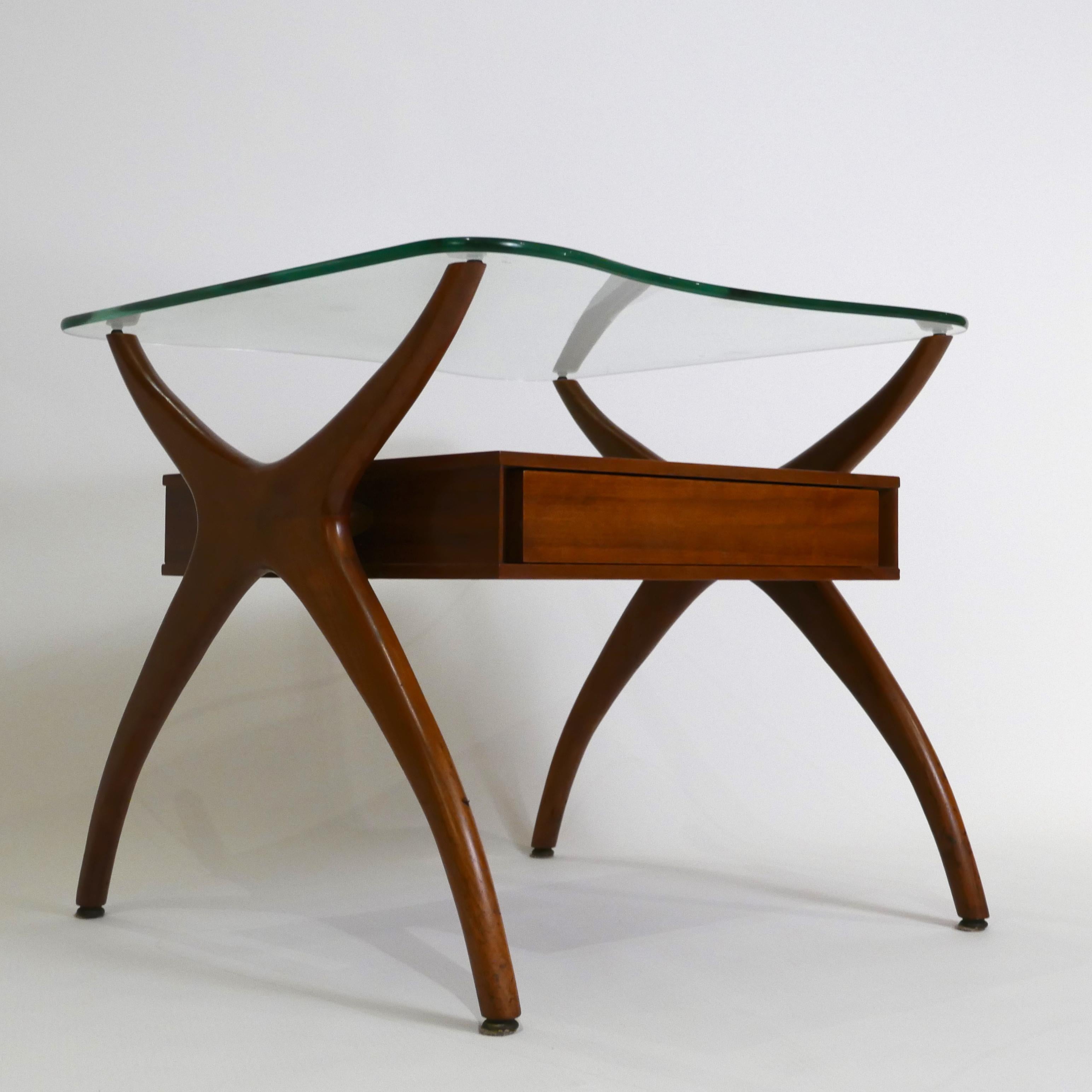 Midcentury Pair of Sculptural Walnut and Glass End Tables 1