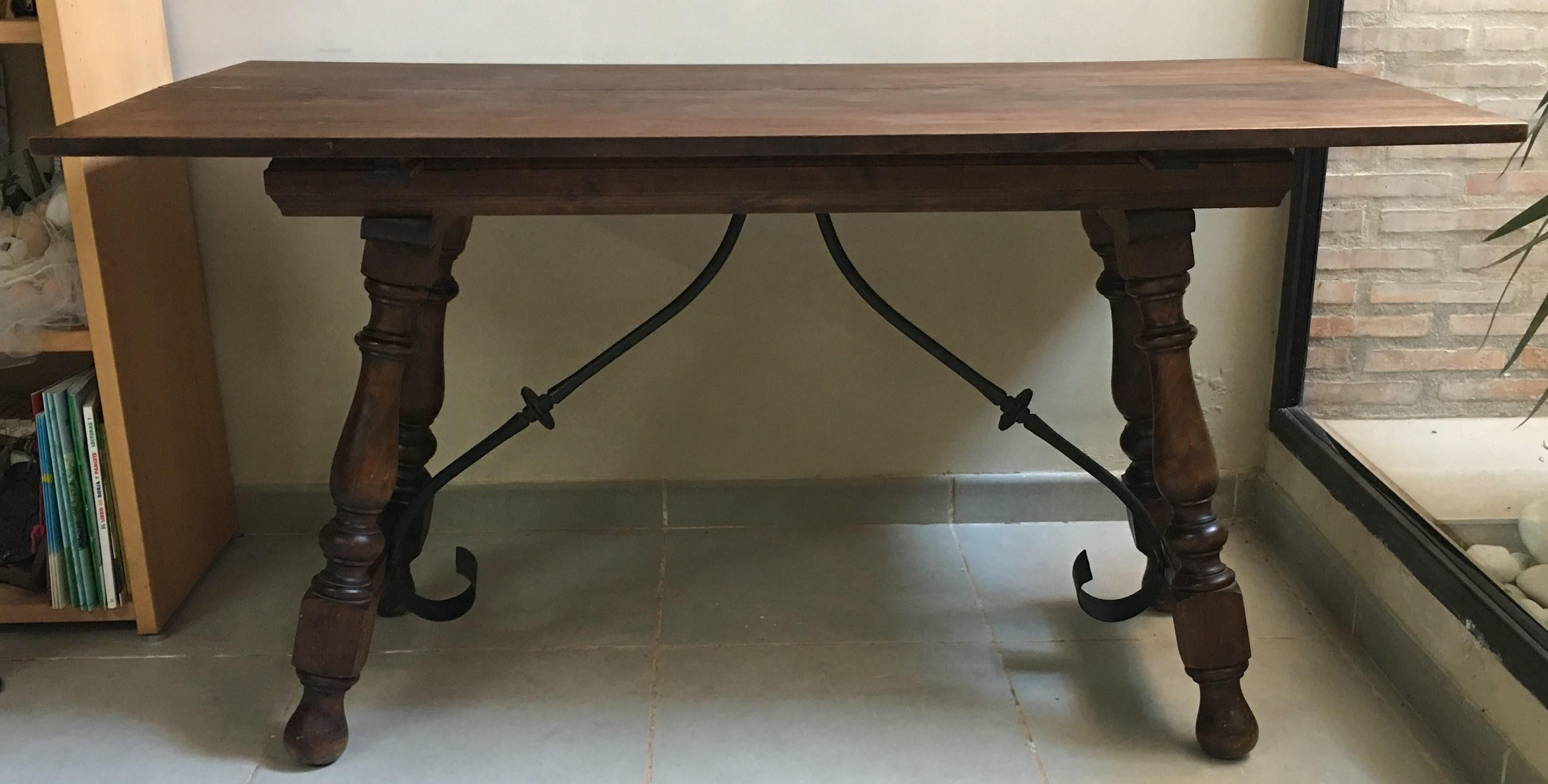 20th Century Spanish Console Fold Out Farm Table with Iron Stretcher 3