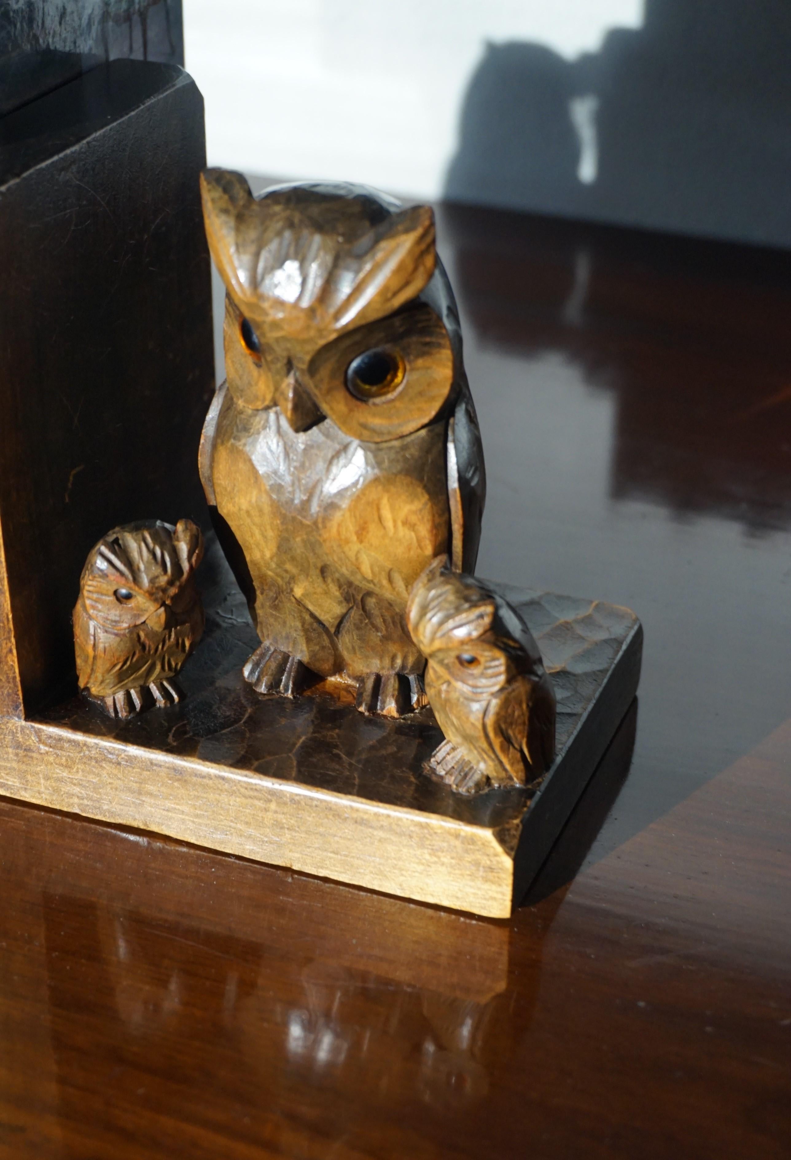 Early 20th Century Art Deco Era Bookends W. Hand Carved Family of Owl Sculptures 1