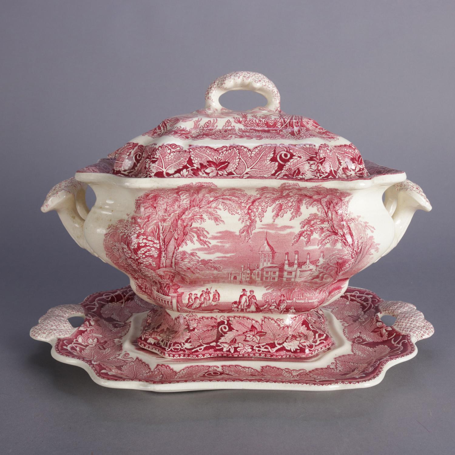 19th Century Antique English Mason's Vista Ironstone Transferware Lidded Tureen Set