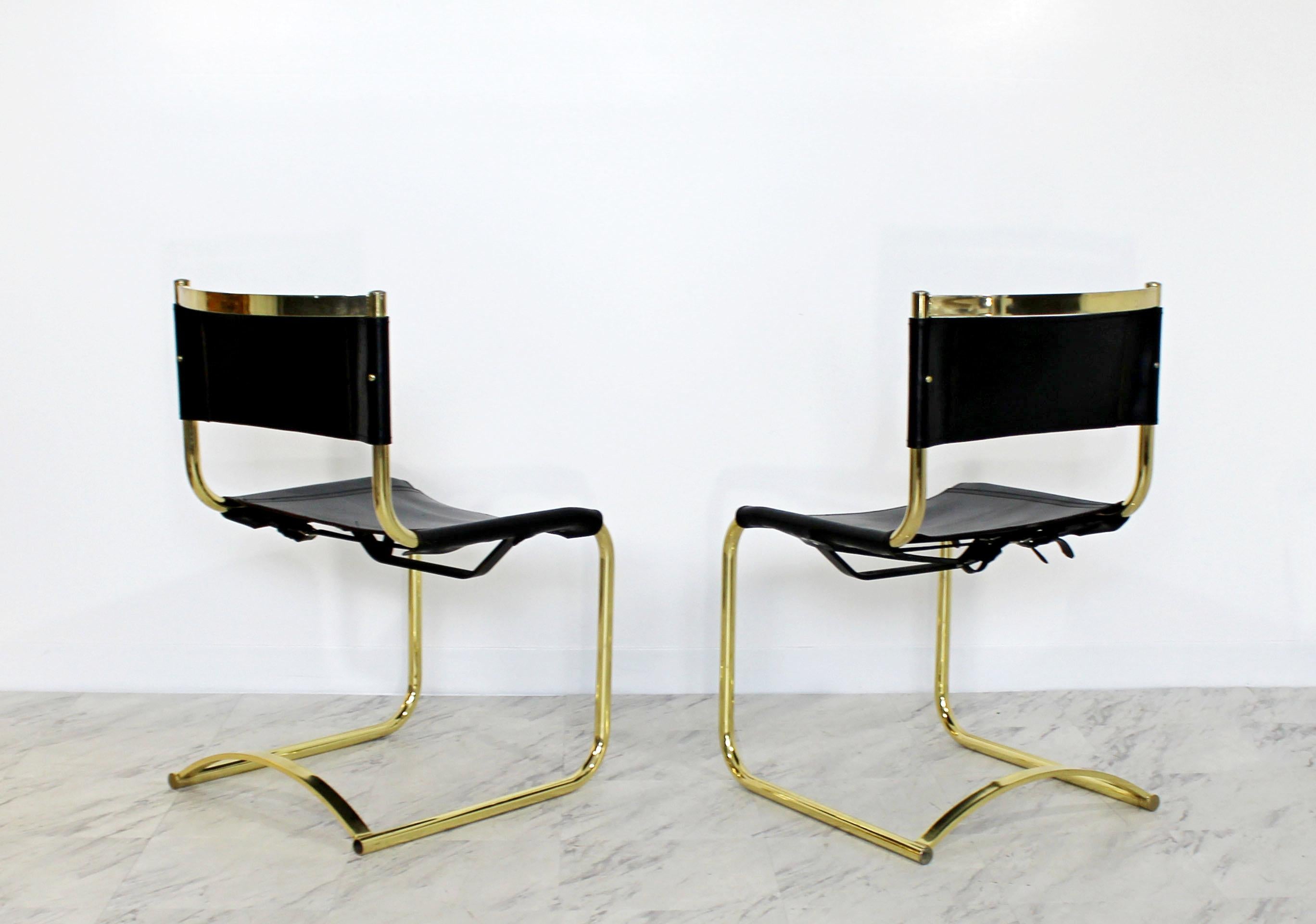 Mid-Century Modern 8 Brass Black Leather Side Dining Chairs Breuer Mies Era 2