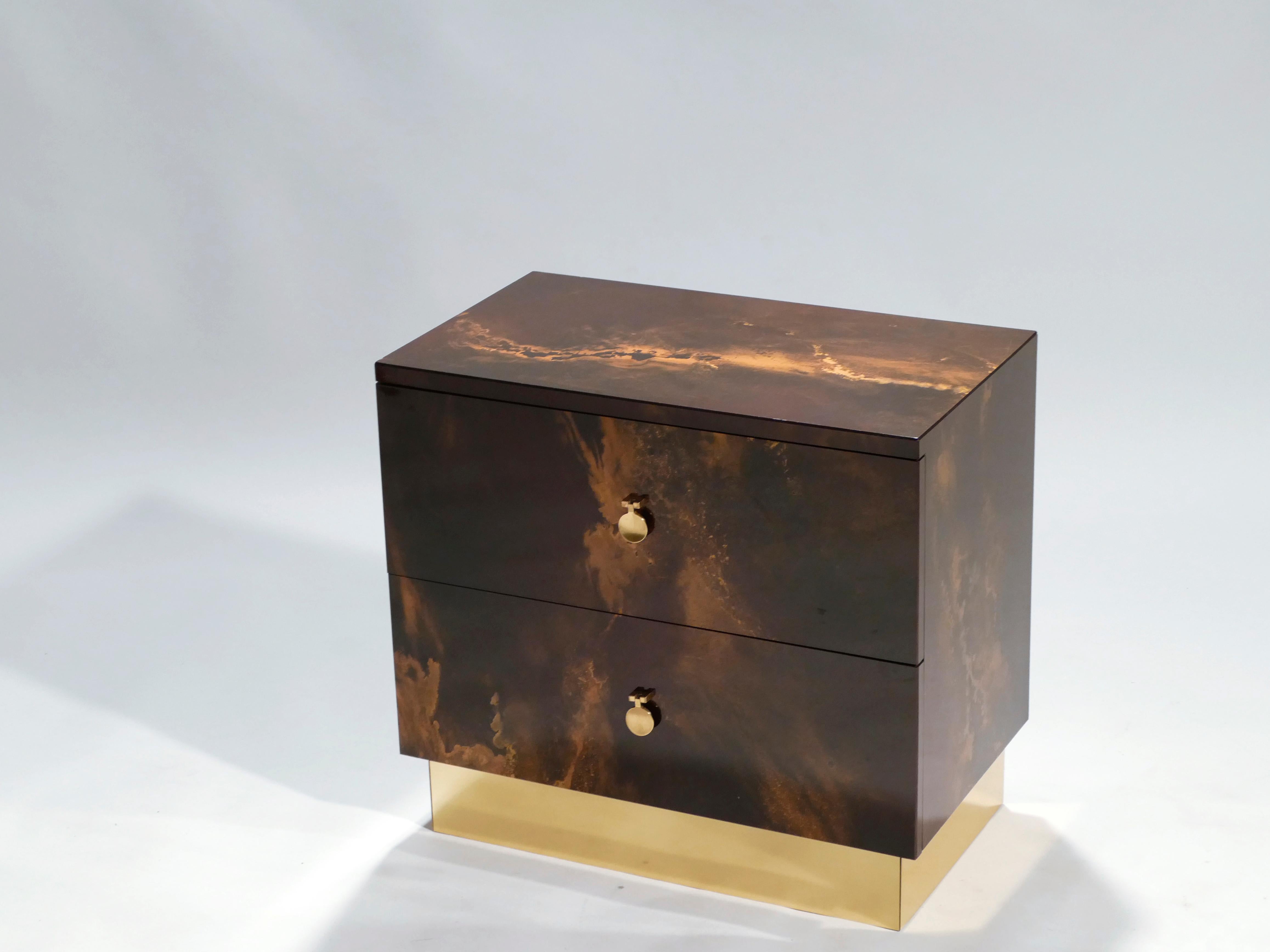 Late 20th Century Rare Golden Lacquer and Brass Maison Jansen End Tables, 1970s