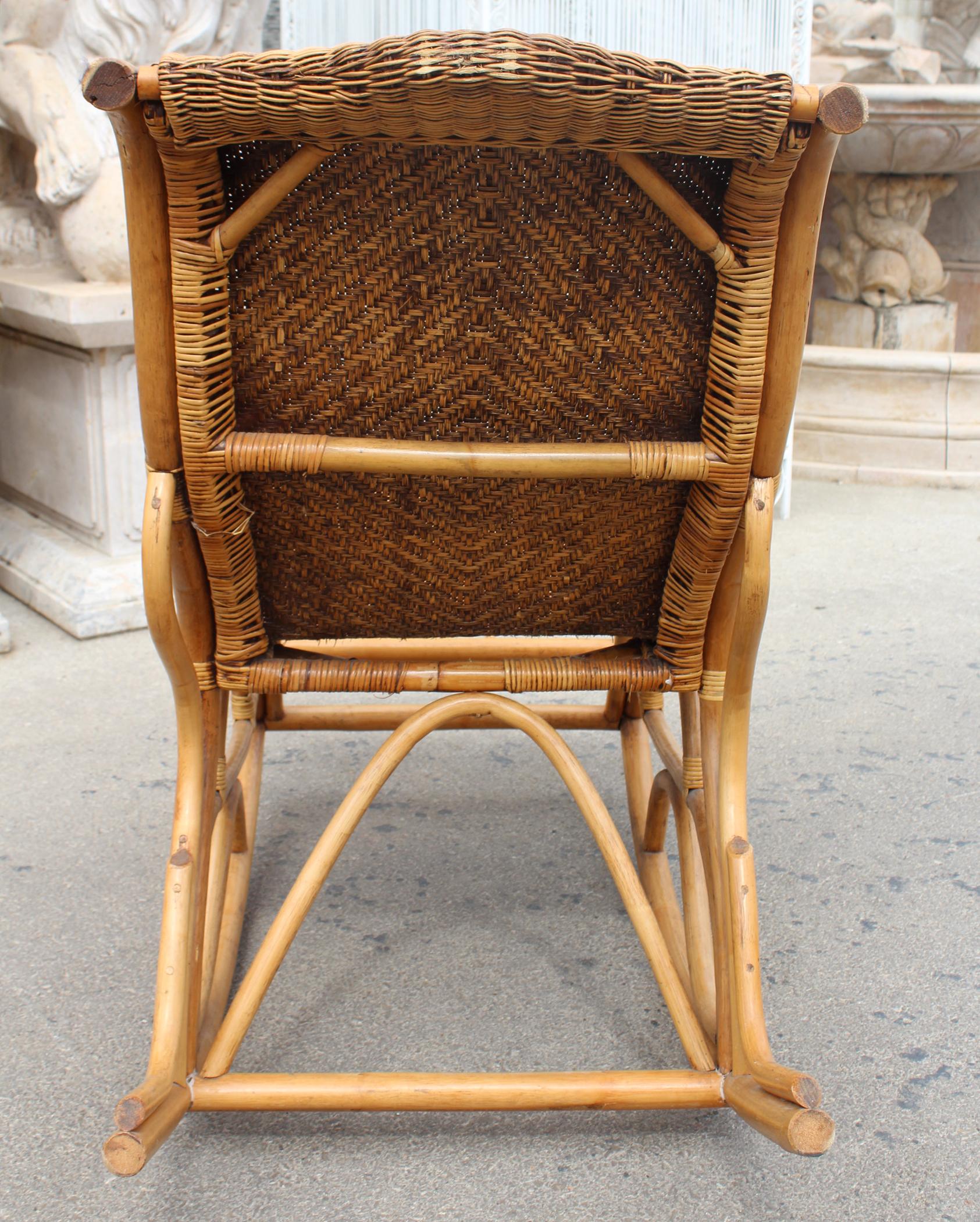 1980s Spanish Bamboo and Laced Wicker Rocking Chair 2