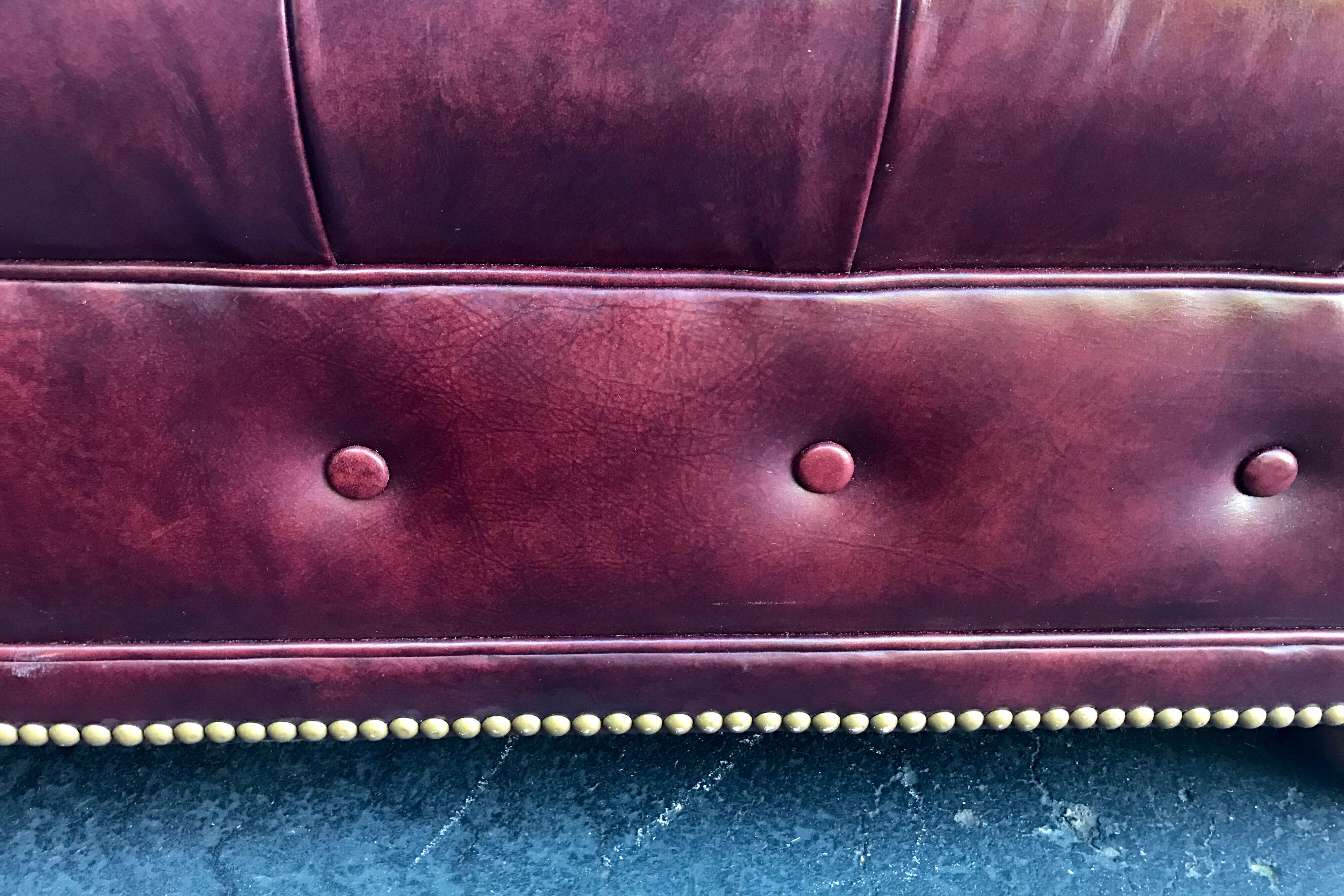 Late 20th Century Vintage English Oxblood Merlot Leather Chesterfield Tufted Sofa with Nailheads
