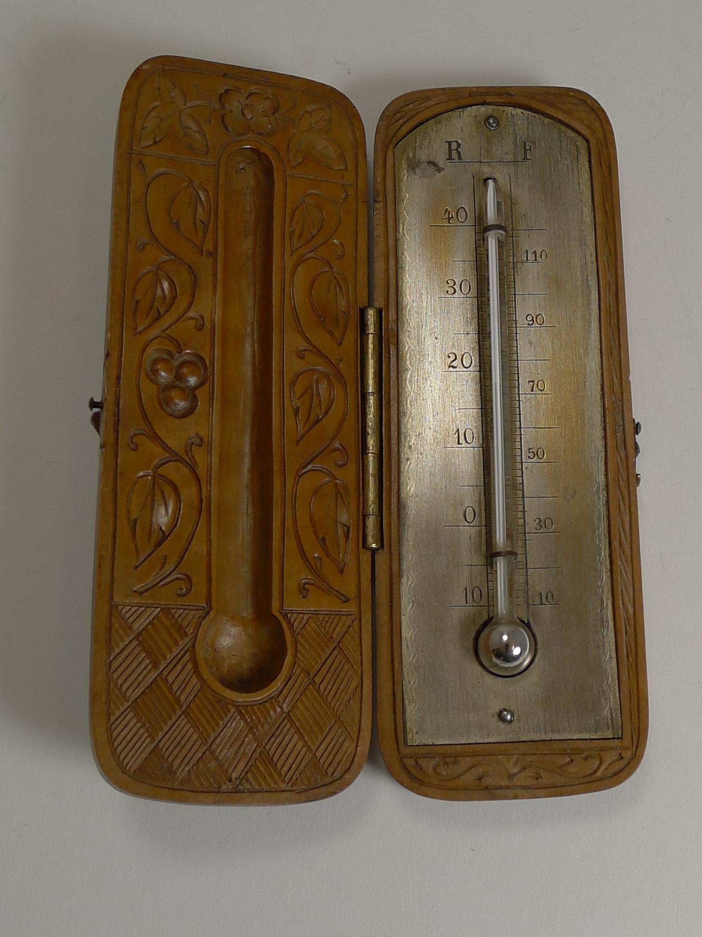 Rare Antique Black Forest Travel Thermometer Carved Dog, circa 1900 2